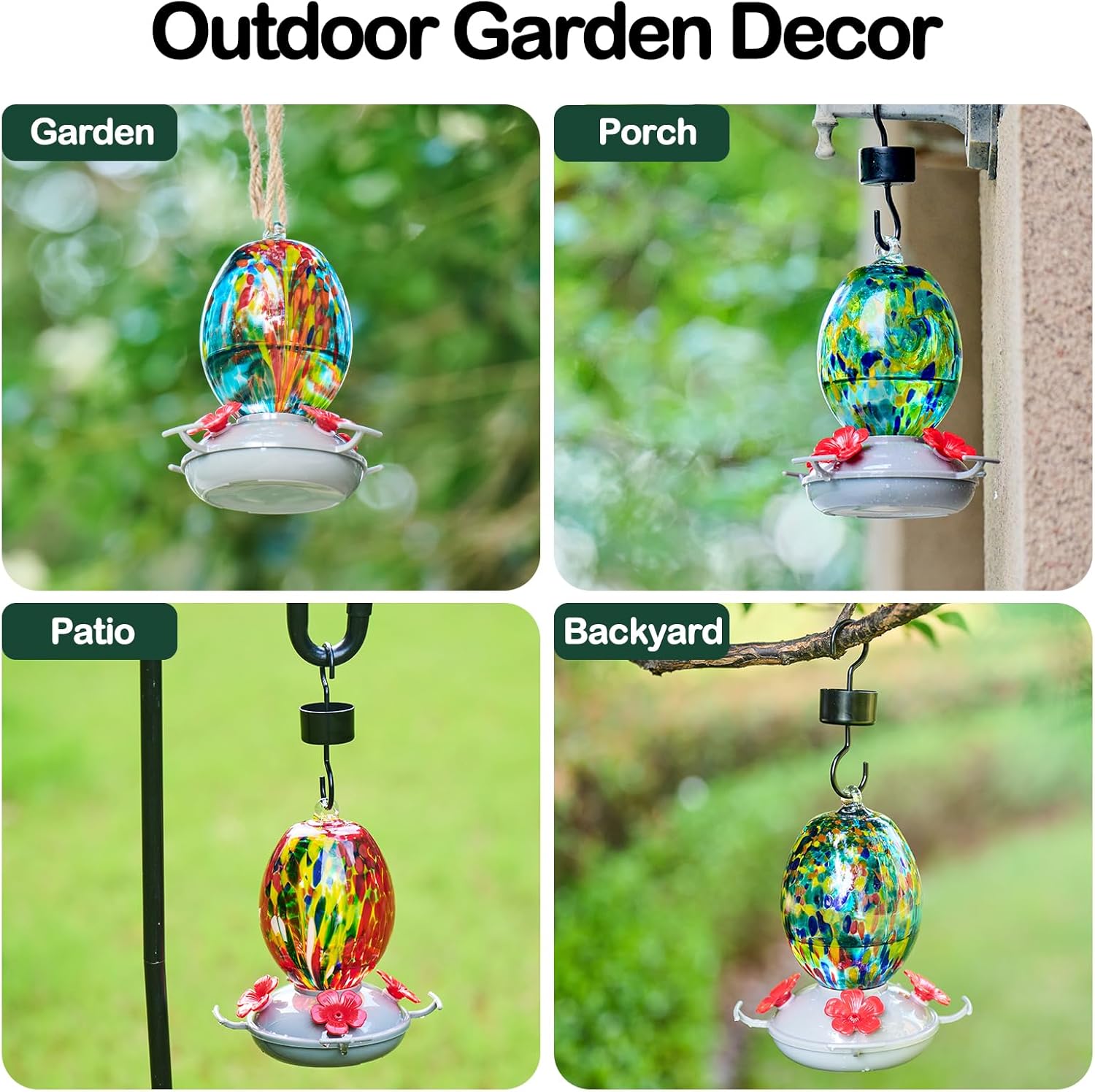 Muse Garden Hand Blown Glass Hummingbird Feeder - 19OZ Plastic Base Humming Bird Feeders for Outdoors Hanging, Garden Decor Gifts for Bird Lovers, Blue Fireworks