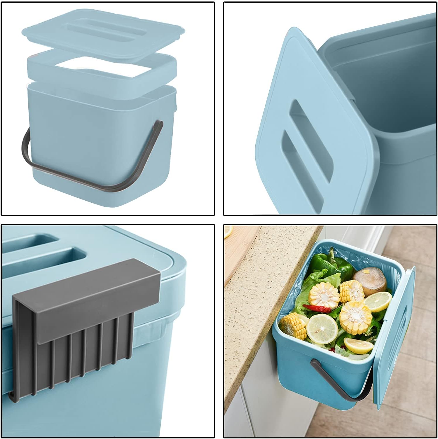 LALASTAR Kitchen Compost Bin, Hanging Trash Can with Lid for Kitchen Cabinet Door, Under Sink, Wall Mounted Waste Bin for Bathroom, 1.8 Gallon, Blue