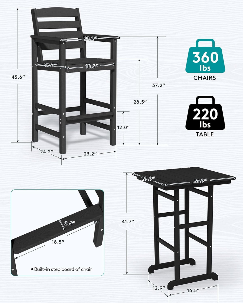 SERWALL Balcony Adirondack Chairs and Table 3 Pieces Set, Adirondack Bar Height Chairs Set of 2 and Bar Table, Outdoor Bar Stools Set for Bistro, Poolside, Backyard, Black