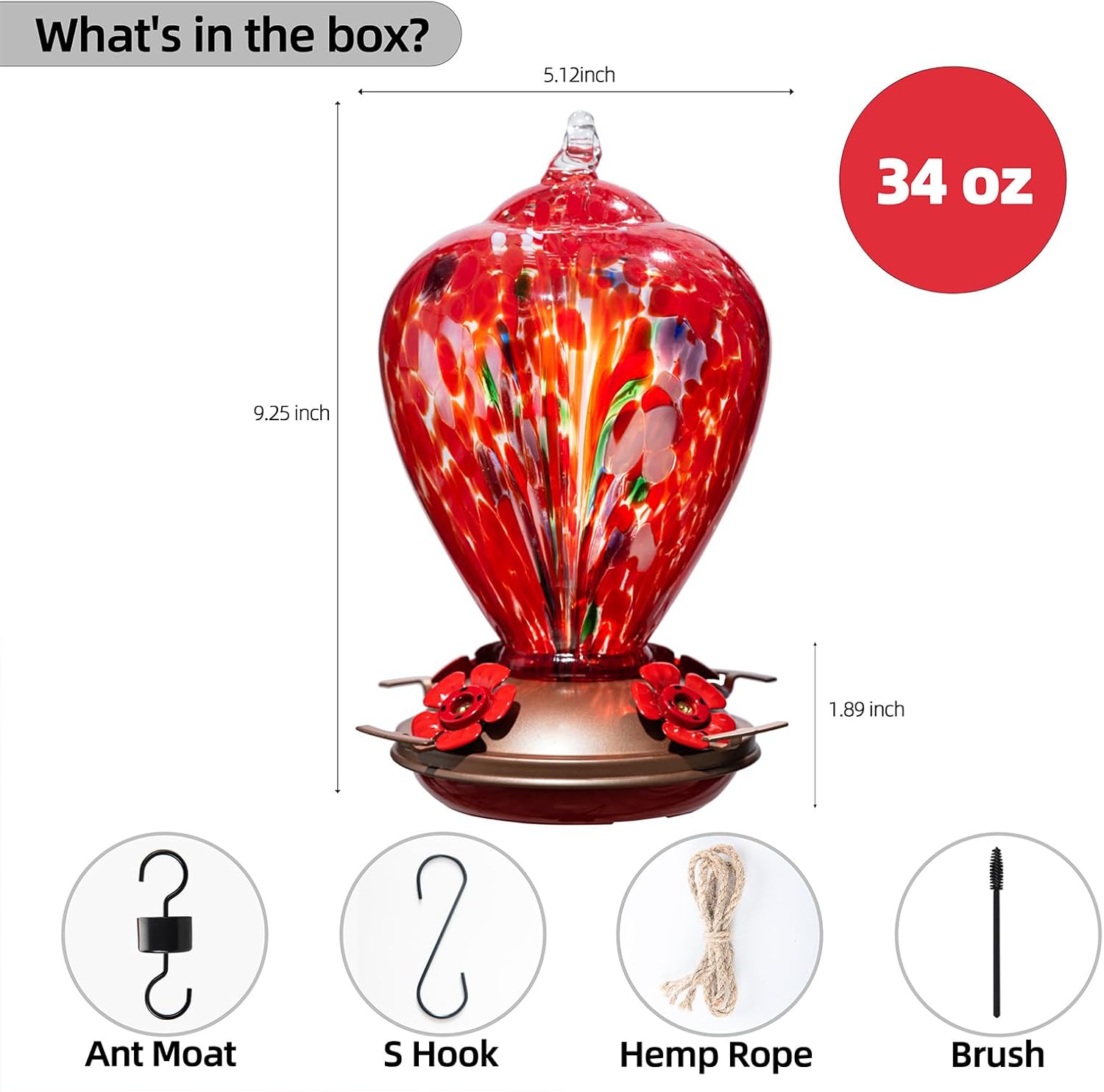 2 Packs Hummingbird Feeders for Outdoors Hanging Ant and Bee Proof, 34OZ & 32OZ Hand Blown Glass Hummingbird Feeders for Outside, 2 Red