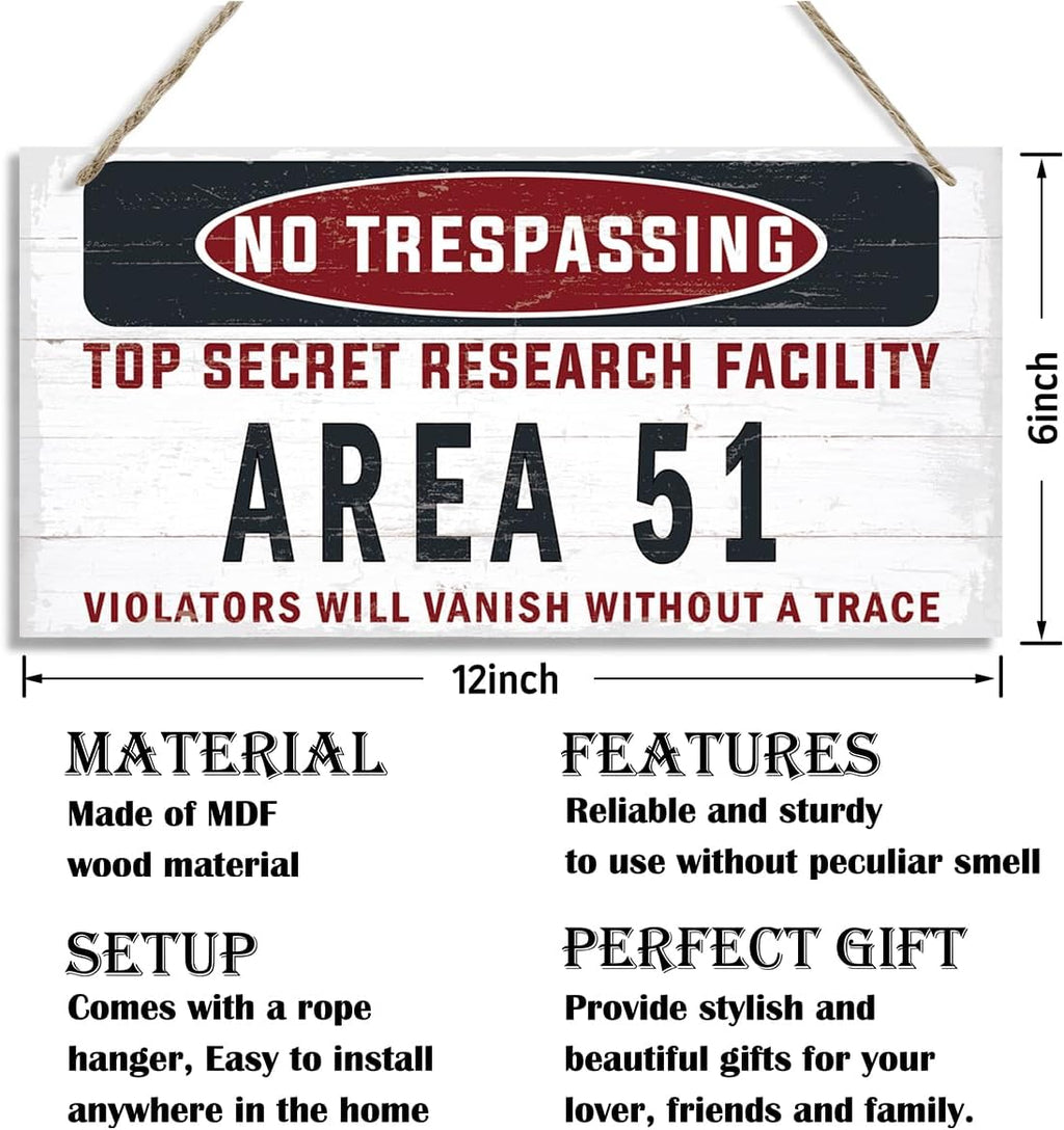 Warning Sign, Area 51 No Trespassing Warning Wood Plaque Sign, Funny Door Signs, Decorative Wood Hanging Suspension Plaque, Farmhouse Wooden Wall Decor