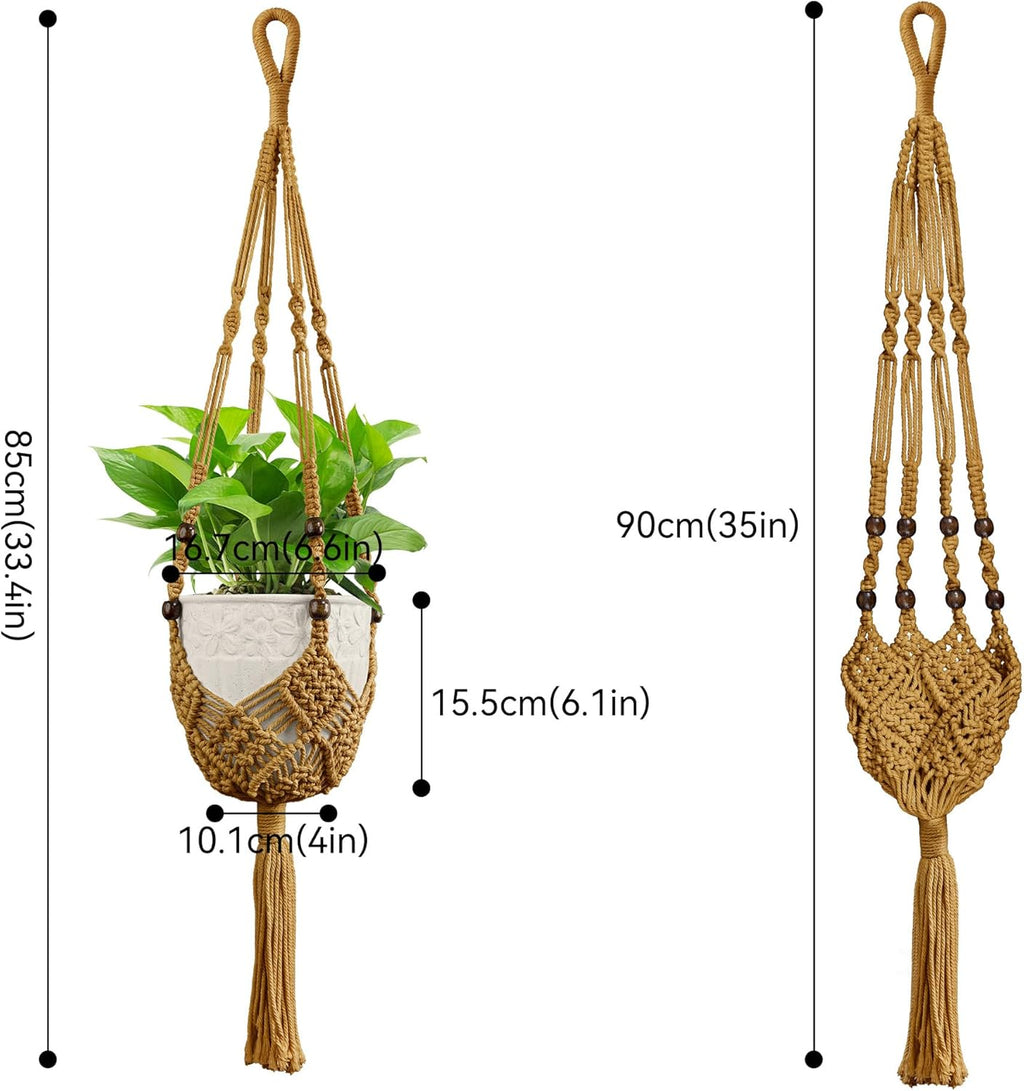 USLAI Macrame Handmade Basket Plant Hanger (2-Pack), for 3-8 Inch Pots, Indoor Outdoor Strong Hanging Planter Flower Pot Holder with Beads and Tassels, Boho Home Decor (POTS NOT Included) (Brown)