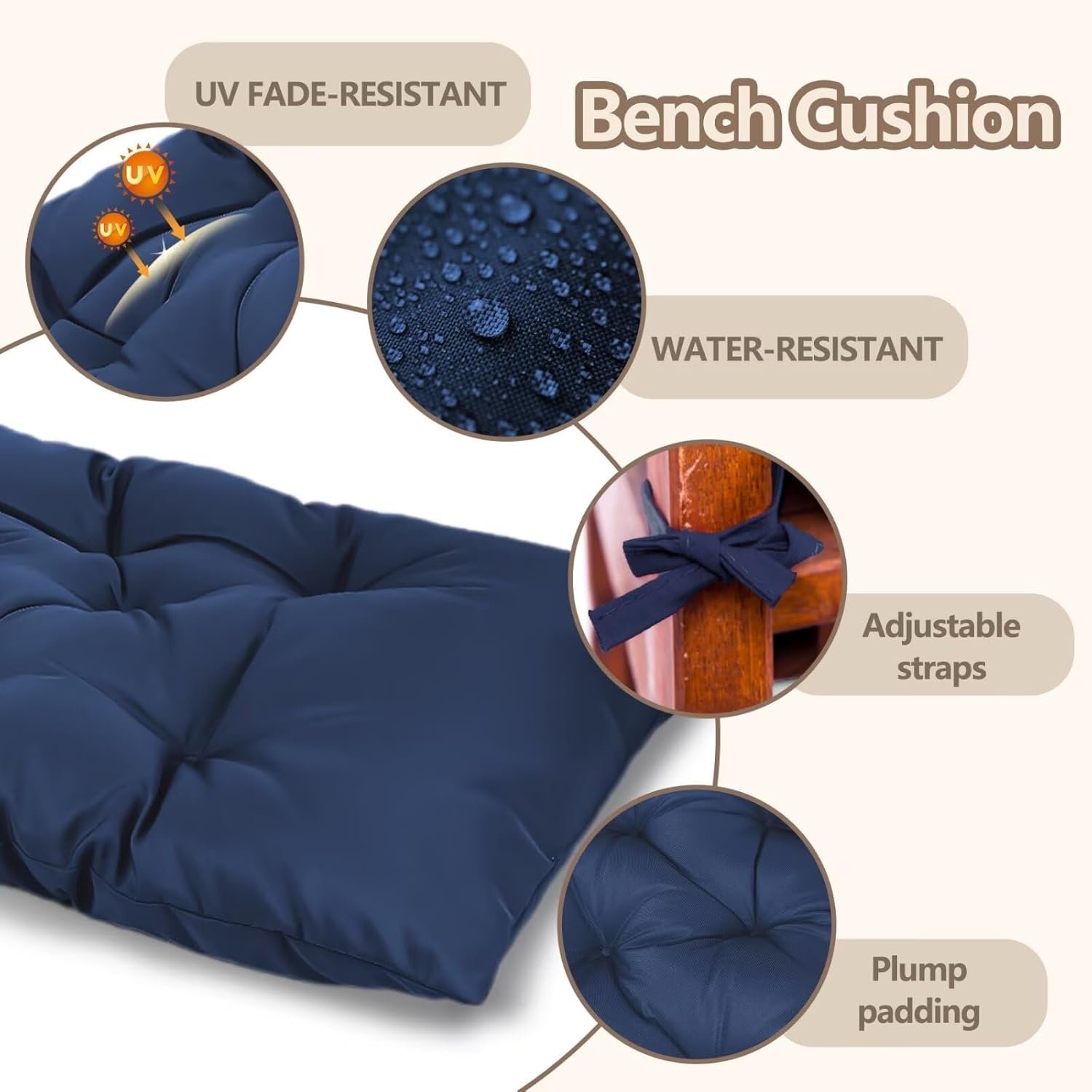 Waterproof Indoor/Outdoor Garden Bench Seat Cushions，Thicken Patio Bench Soft Rocking Chairs Pad Lounger Seat for Wicker Loveseat Settee（39.3x19.6x3.9 inch，Navy）