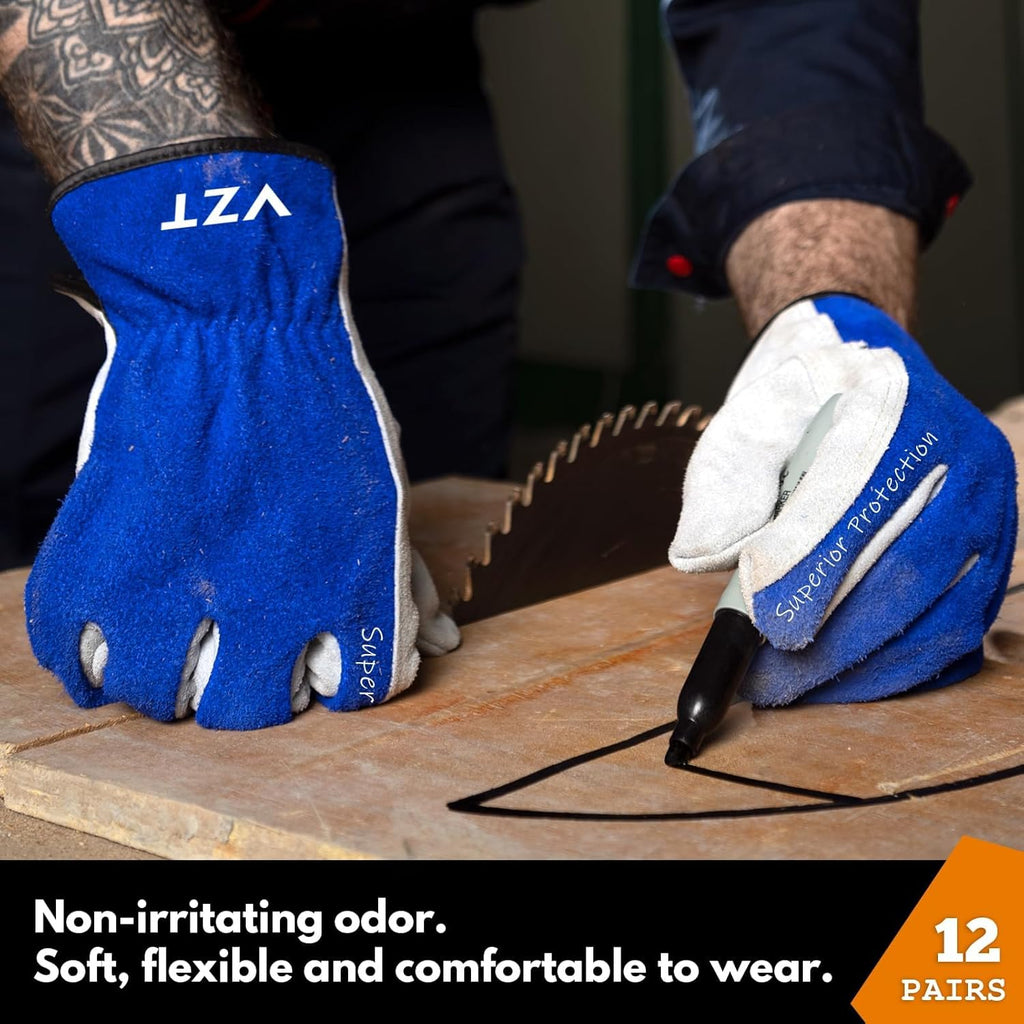 12 Pairs Bulk Leather Work Gloves for Men or Women for Construction, Wood cutting, Driving, Gardening, Automotive Repair, Water Resistant, Soft, Cowhide, Class 4 Abrasion Resistant, Blue-White, M