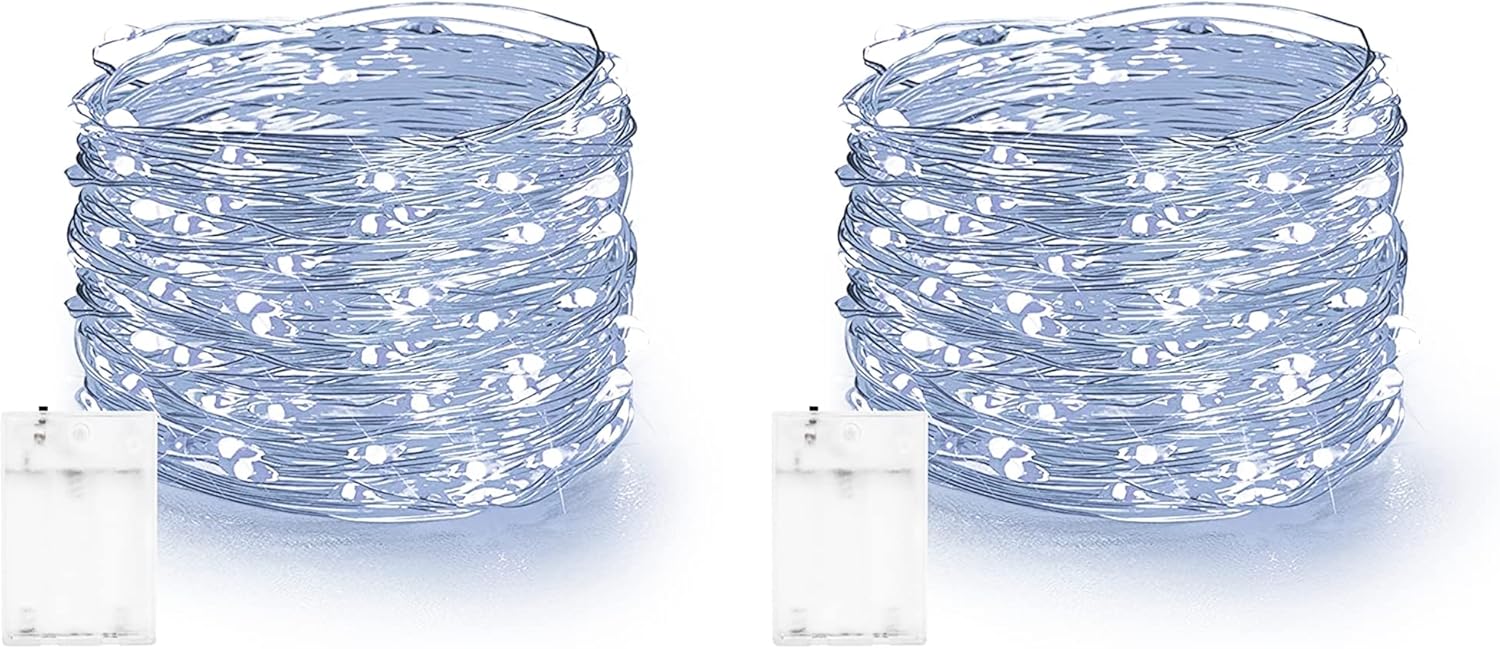 Dazzle Bright Fairy Lights Battery Operated, 2 Pack Total 40FT 120LED Silver Wire Waterproof Battery Operated String Lights, Christmas Decorations for Indoor Outdoor Bedroom Yard Decor, White
