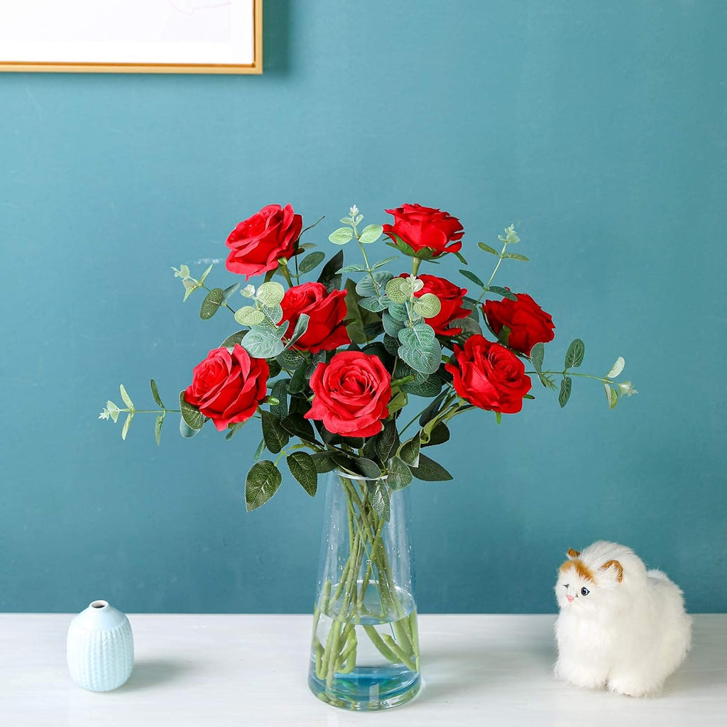 Hawesome 12PCS Artificial Silk Flowers Realistic Roses Bouquet Long Stem for Home Wedding Decoration Party (12pcs-red 1)
