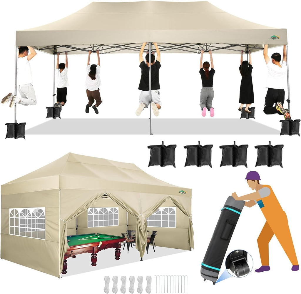 COBIZI 10x20 Canopy with Sidewalls, Heavy Duty Party Tent Pop up carpas para Fiestas, Tents for Parties, Wedding, Outdoor Easy Pop up Foldable Portable Canopy Tent with Wheeled Bag, Khaki Upgrade