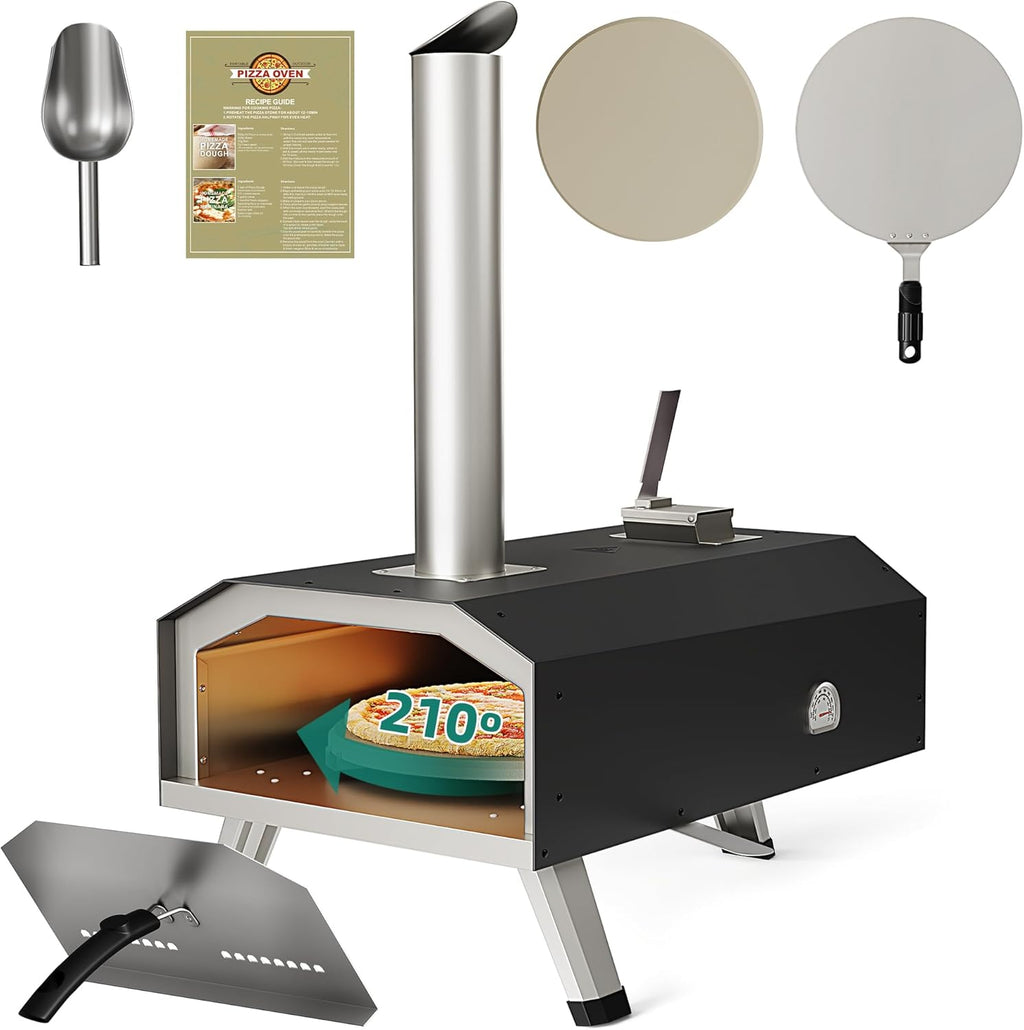YTIAHOME Outdoor Wood Pellet Pizza Oven with Rotating, 12" Wood Fired Pizza Oven with Built-in Thermometer, Outside Pizza Stove with Peel, Stone and Recipes for Backyard Camp