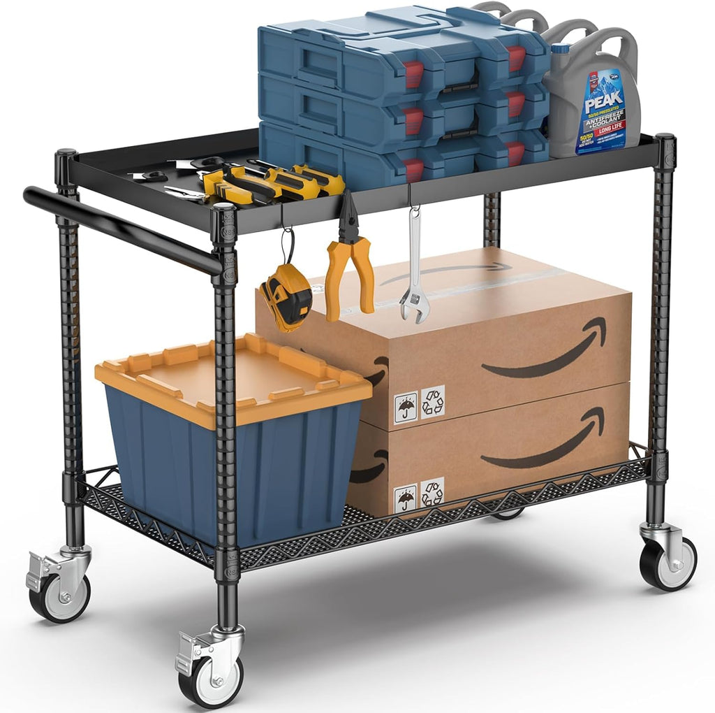 Leteuke 2 Tier Utility Cart with Wheels, NSF Certified 900LBS Capacity Heavy Duty Rolling Utility Carts with Handle Bar, Commercial Grade Metal Serving Storage Cart for Warehouse Garage Kitchen, Black