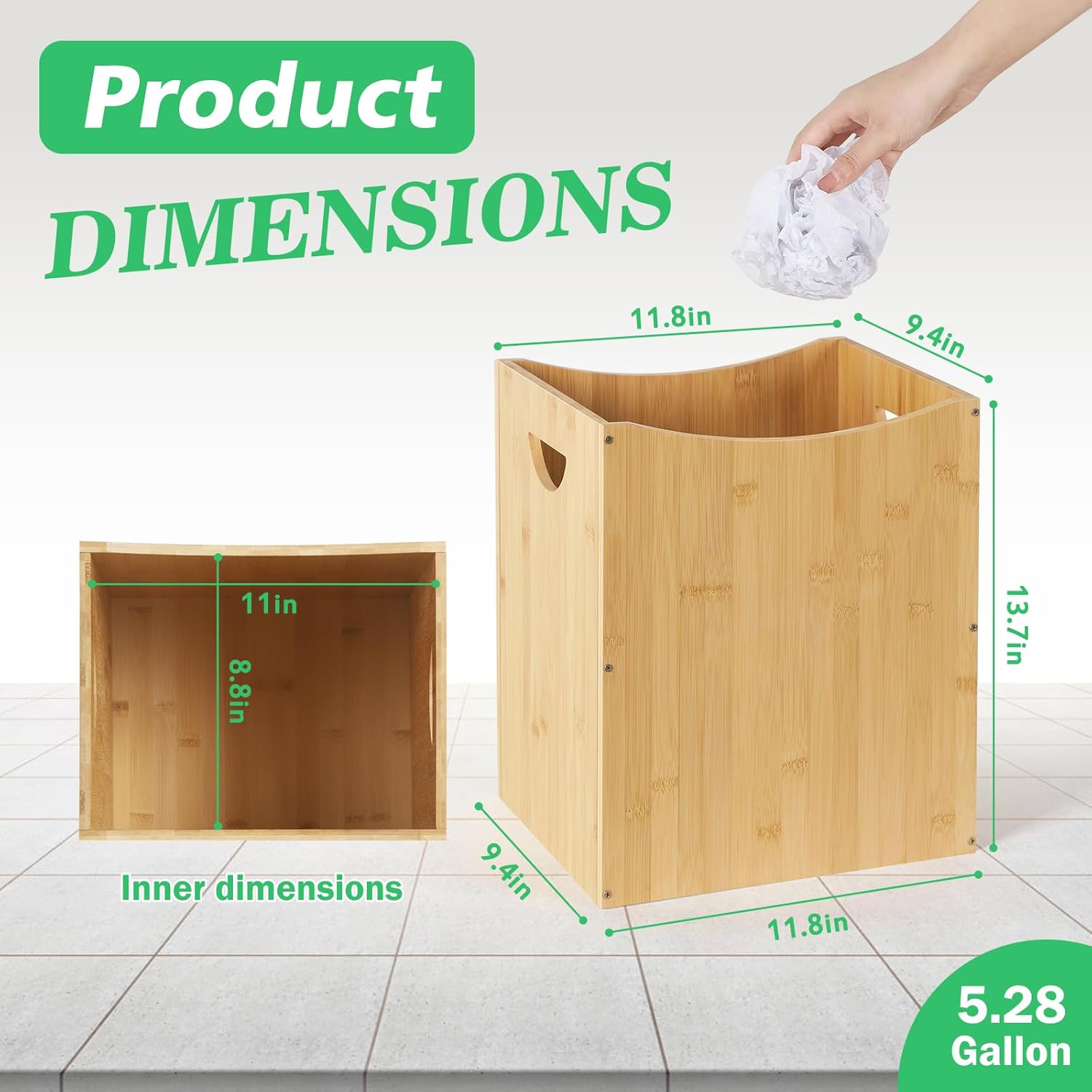 Trash Can Rectangular 5 Gallon Bamboo Waste Basket with Handles, Farmhouse Wastebaskets for Bathroom Office Trash Cans Square Bedroom Garbage Can Recycling Bin for Living Room Kitchen Under Counter