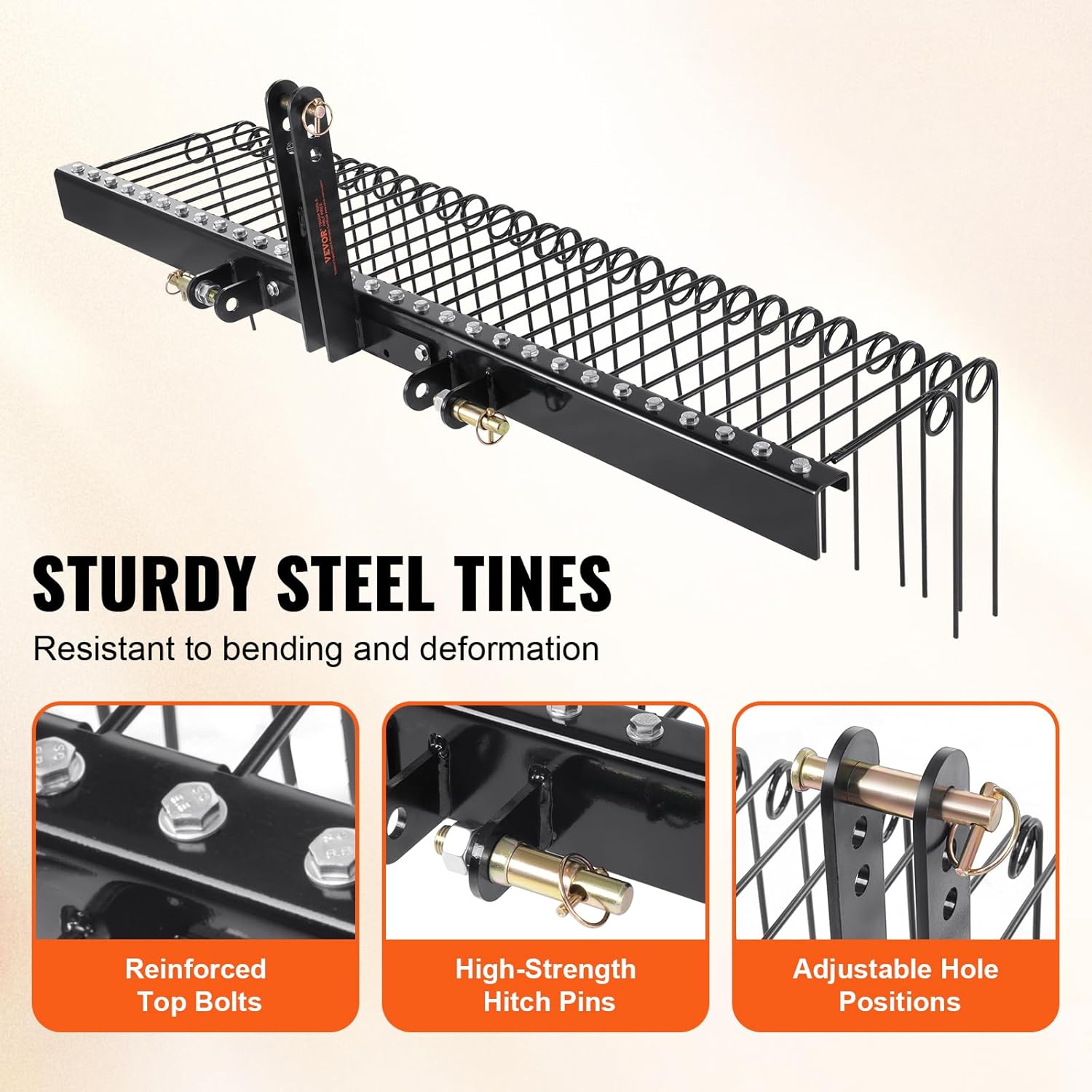 VEVOR Tow Behind Landscape Rake, 72" Tow Dethatcher with 32 Steel Tines, Lawn Dethatcher Rake Attaches to Category 1, 3 Point Hitch for Tractor, for Leaves, Pine Needles, Straw, and Grass