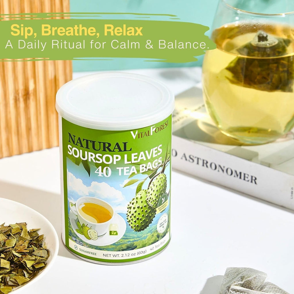 40 Premium Soursop Leaves Tea Bags | VitalForest Pure Graviola Leaf Tea for Relaxation, Sleep & Detox | Caffeine-Free Guyabano Herbal Tea | te de Guanabana | Non-GMO, Biodegradable