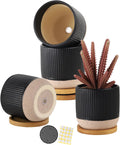 AOMRYOM 4 Inch Small Ceramic Plant Pots with Drainage Hole and Saucer, Modern Flower Planter for Succulent, Indoor Plants, Cactus, Herbs, Black, Set of 4 (Plant Not Included)