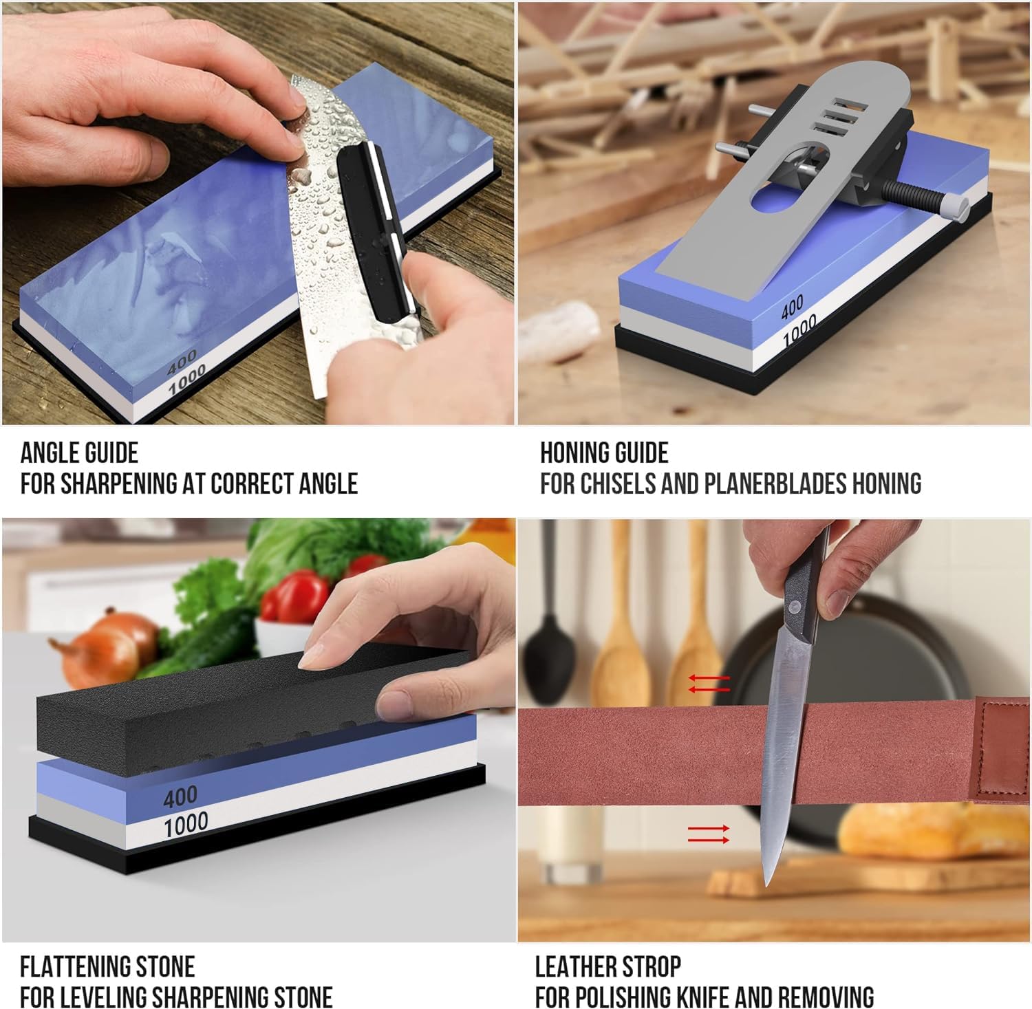 Knife Sharpening Stone Kit, Premium 4 Side Grit 400/1000 3000/8000 Whetstone Knife Sharpener Tool, Non-Slip Bamboo Base,Cut Resistant Gloves, Angle Guide