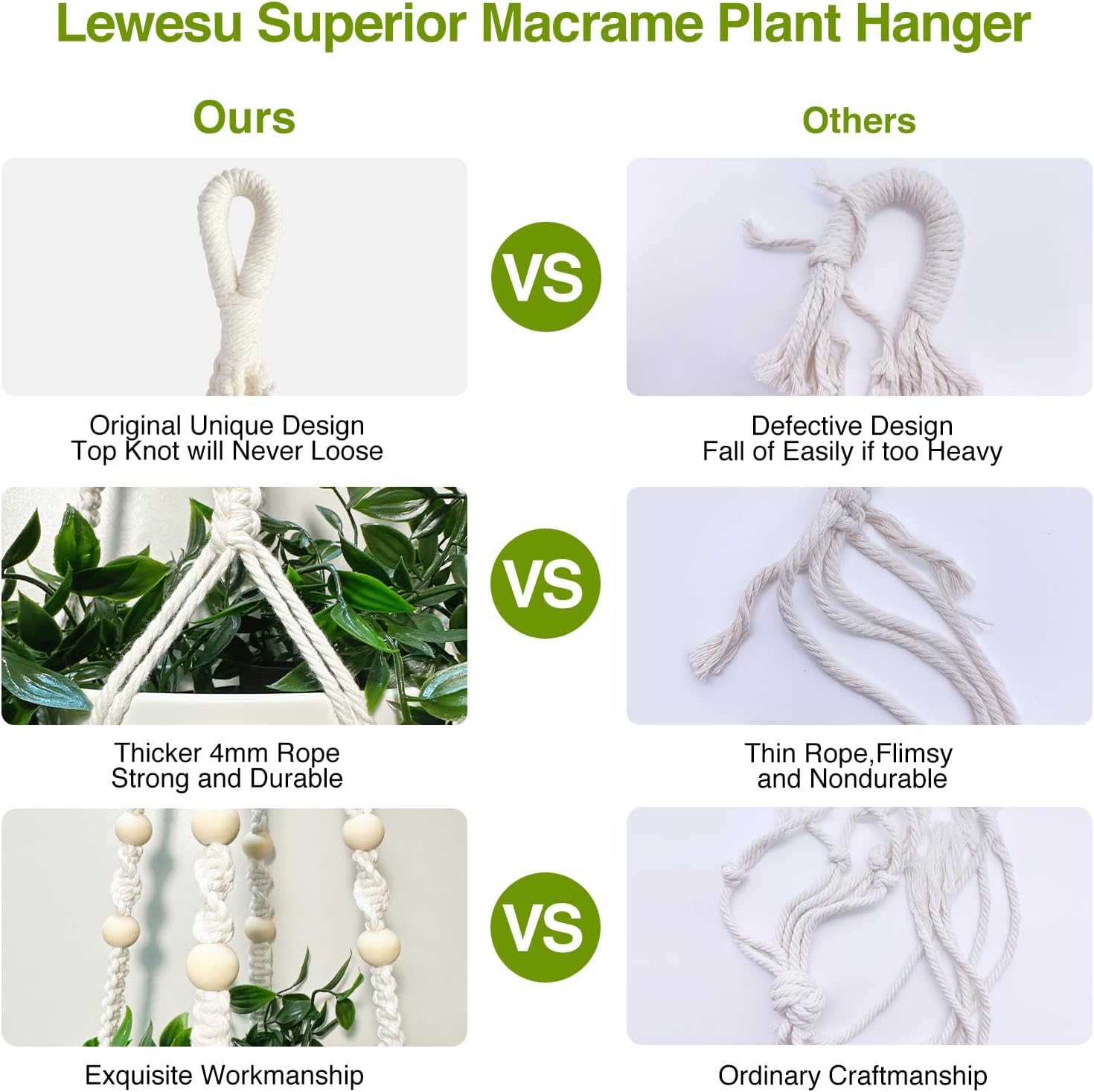Macrame Plant Hanger Indoor Set of 4 with 8 Hooks, Indoor Outdoor Hanging Planter for Plants Holder with Decorative Wood Beads & No Tassels, Boho Home Decor, 35 Inch Ivory (Pots Not Included)