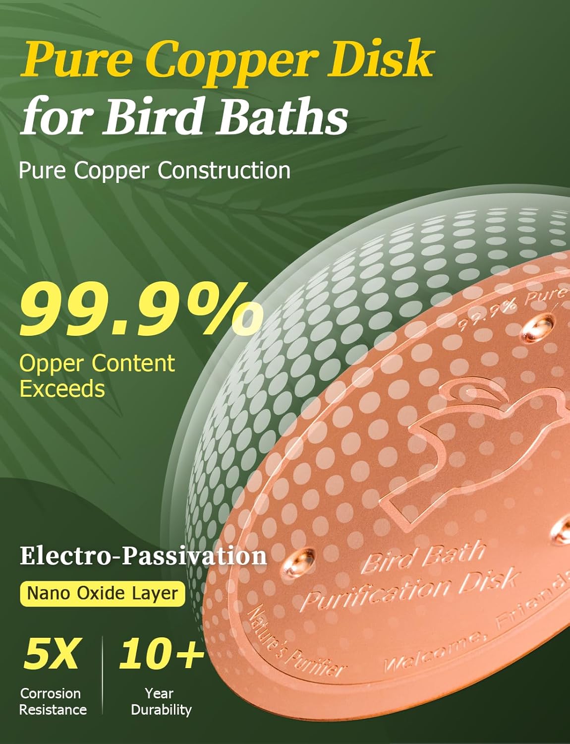 Mellbree 4-Pack Bird Bath Copper Disk, 0.6mm Reinforced 99.99% Pure Copper Cleaning Disk with Triple-Point Support for Physical Safe Clean Water All-Season