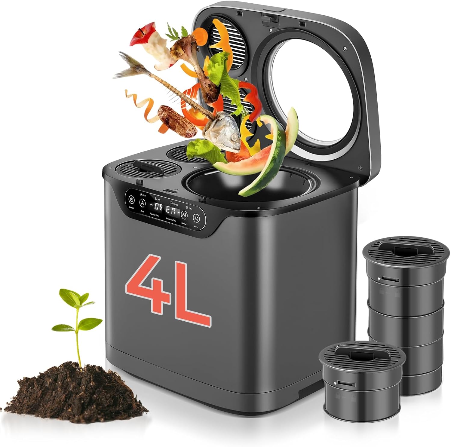 Electric Composter for Kitchen 4L, Countertop Compost Bin Indoor with Visible Window, LED Display, Auto-Clean, Carbon Filter, Odorless, Low Noise, Turns Waste into Natural Fertilizer