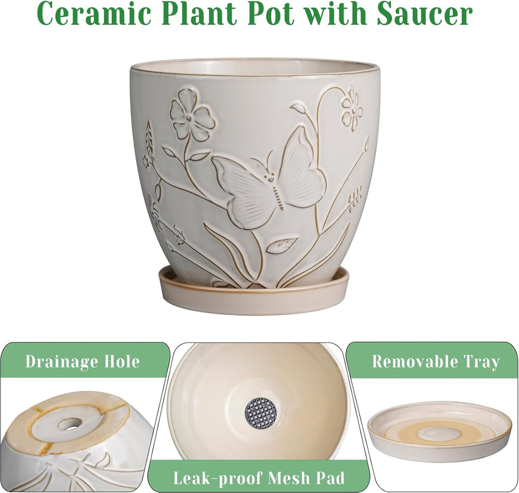 8 Inch Ceramic Pots for Plants Large Planter Pot with Drainage Hole and Saucer Round Flower Pot for Indoor Outdoor Decor, White