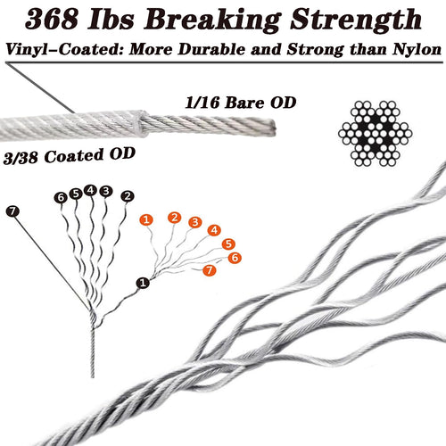 1/16 Wire Rope Kit, Steel Wire Cable, 7x7 Strand Core,165ft Vinyl Coated Stainless Steel Cable Wire for Outdoor Hanging, Climbing, Garden,Craft with Turnbuckle