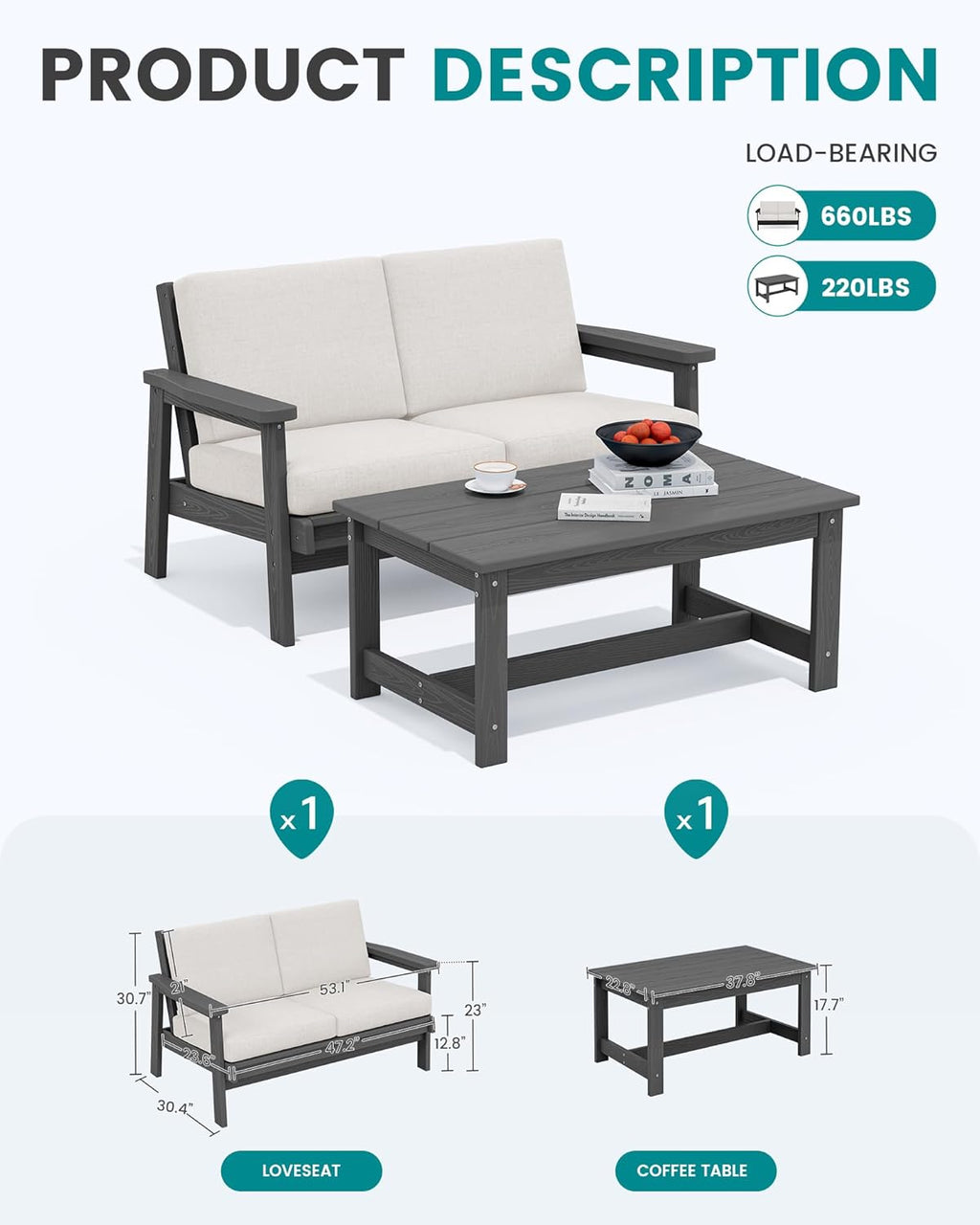 SERWALL Outdoor Loveseat, Grey Frame and Khaki Cushion