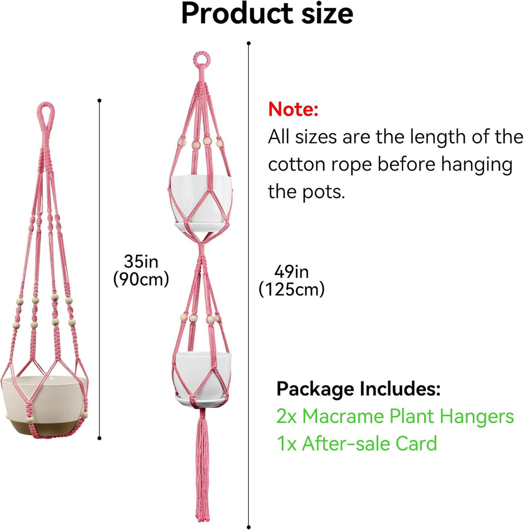 USLAI Macrame Plant Hanger Indoor Outdoor, Up to 4-15 inch Pot, Heavy 20lb Planters, Extra Long Strong Hanging Planter Basket Holder, Boho Home Decor, 35+49 Inch, Pink (POTS NOT Included)