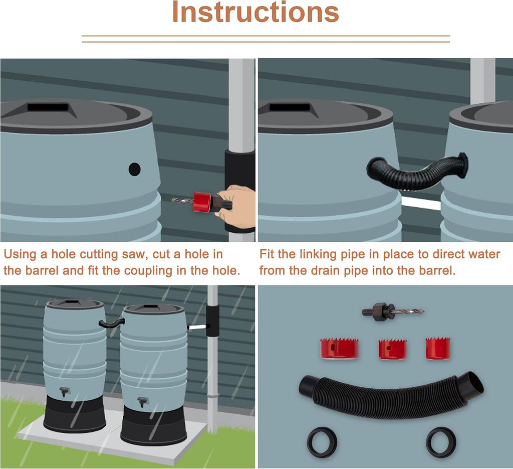Rain Barrel Hose Connector Kit – Link 2 Rain Water Barrels to Store More Rainwater for Outdoor Rain Water Barrels, with Hose and 2 Gaskets and 3 Hole Saw