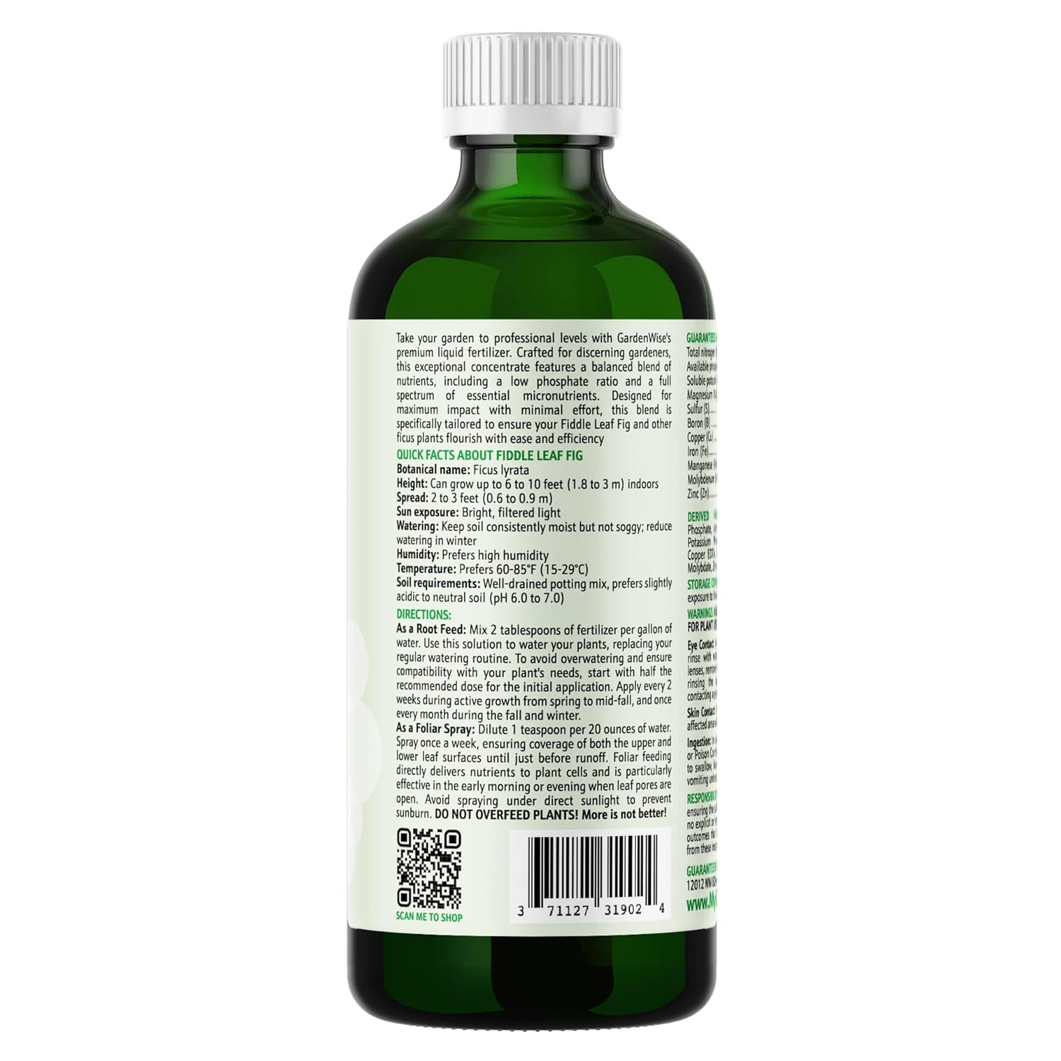 3-1-2 Liquid Fertilizer Concentrate with Micronutrients - Optimal Fiddle Leaf Fig Plant Food, Ideal for Ficus Lyrata & Fig Trees, Gold Leaf Enhanced Indoor Plant Fertilizer (32 OZ)