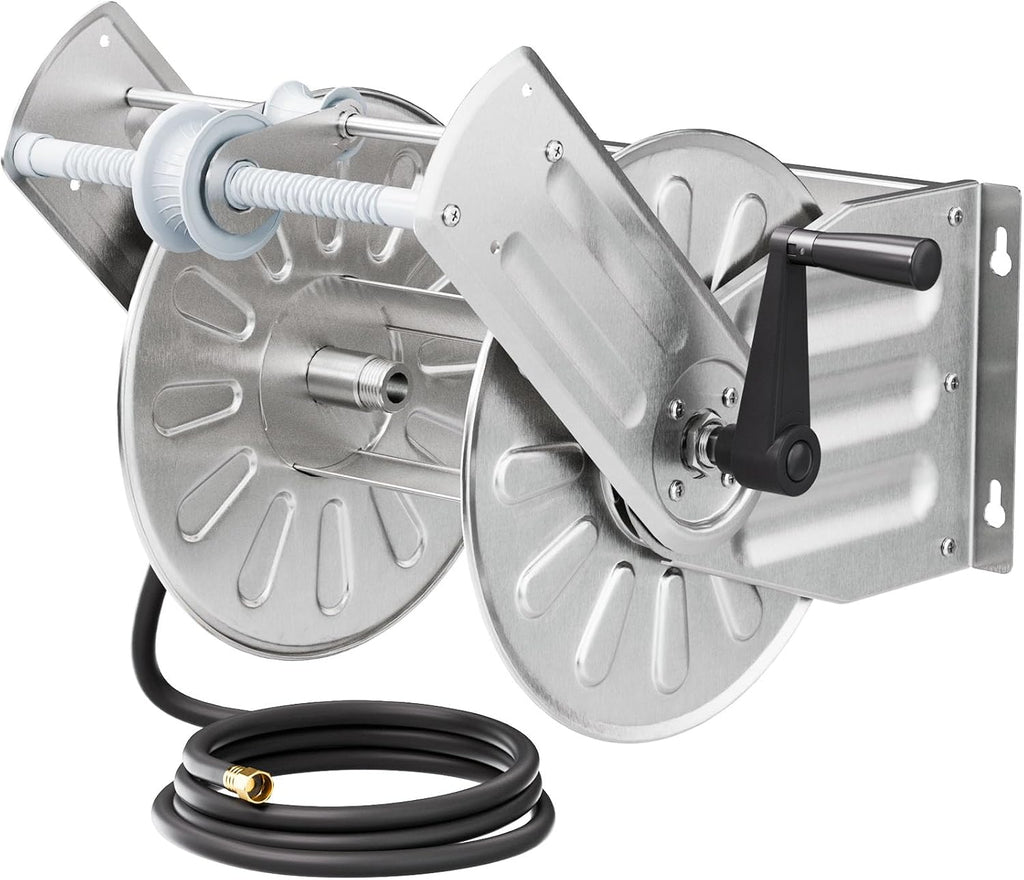 GREENER Stainless Steel Hose Reel For Outside,Wall Mount Garden Hose Holder Heavy Duty Metal Water Hose Reel, 3/4" Solid Connector with 5/8" Inlet Hose and Crank,80-Feet 1/2" Capacity