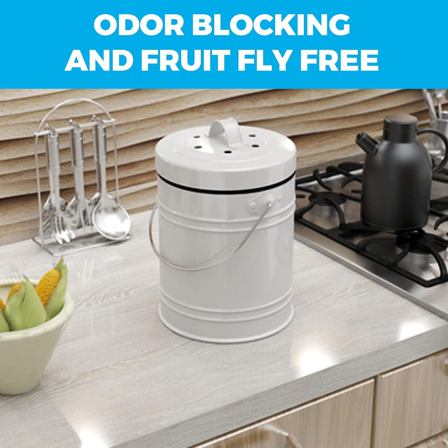 3 Liter Small Indoor Kitchen Compost Bin, Odorless Composting Bin with Carbon Filters, Countertop Compost Bucket with Lid, Metal Kitchen Composter with Plastic Bucket Liner for Food & Waste Recycling