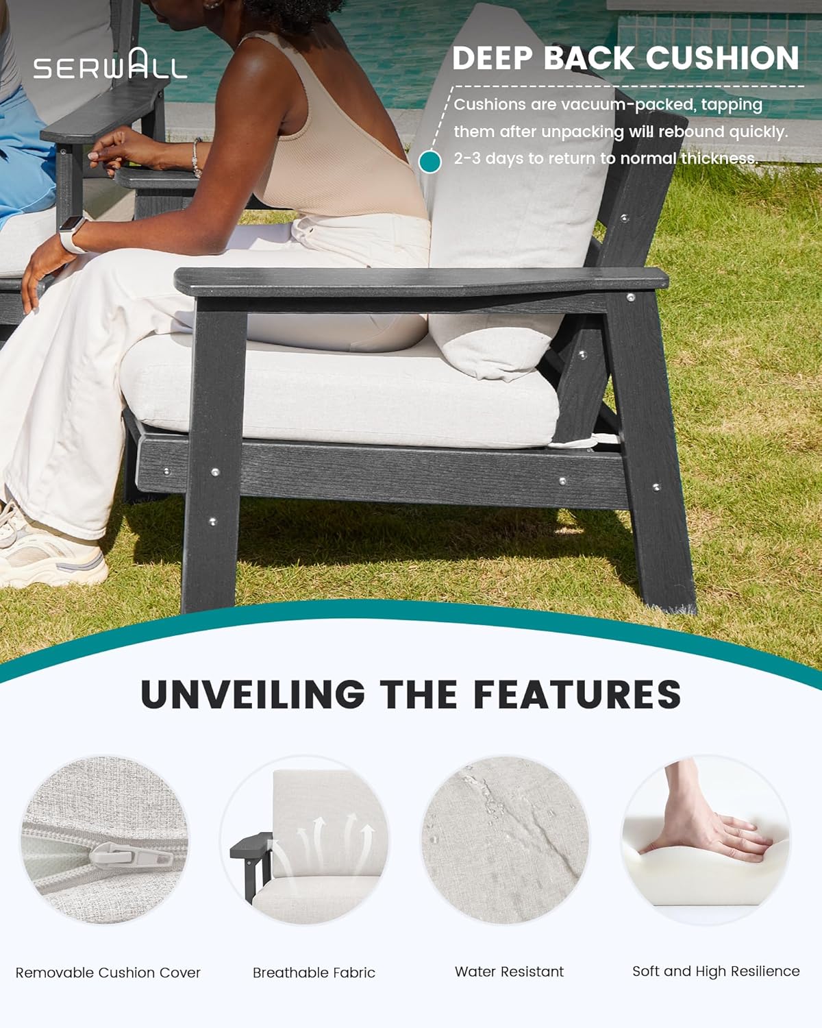 SERWALL HDPE Patio Furniture Set with 15FT Double Side Patio Umbrella, All Weather Wood-Like Outdoor Sofa Sectional Couch, Grey Patio Furniture with Khaki Cushions