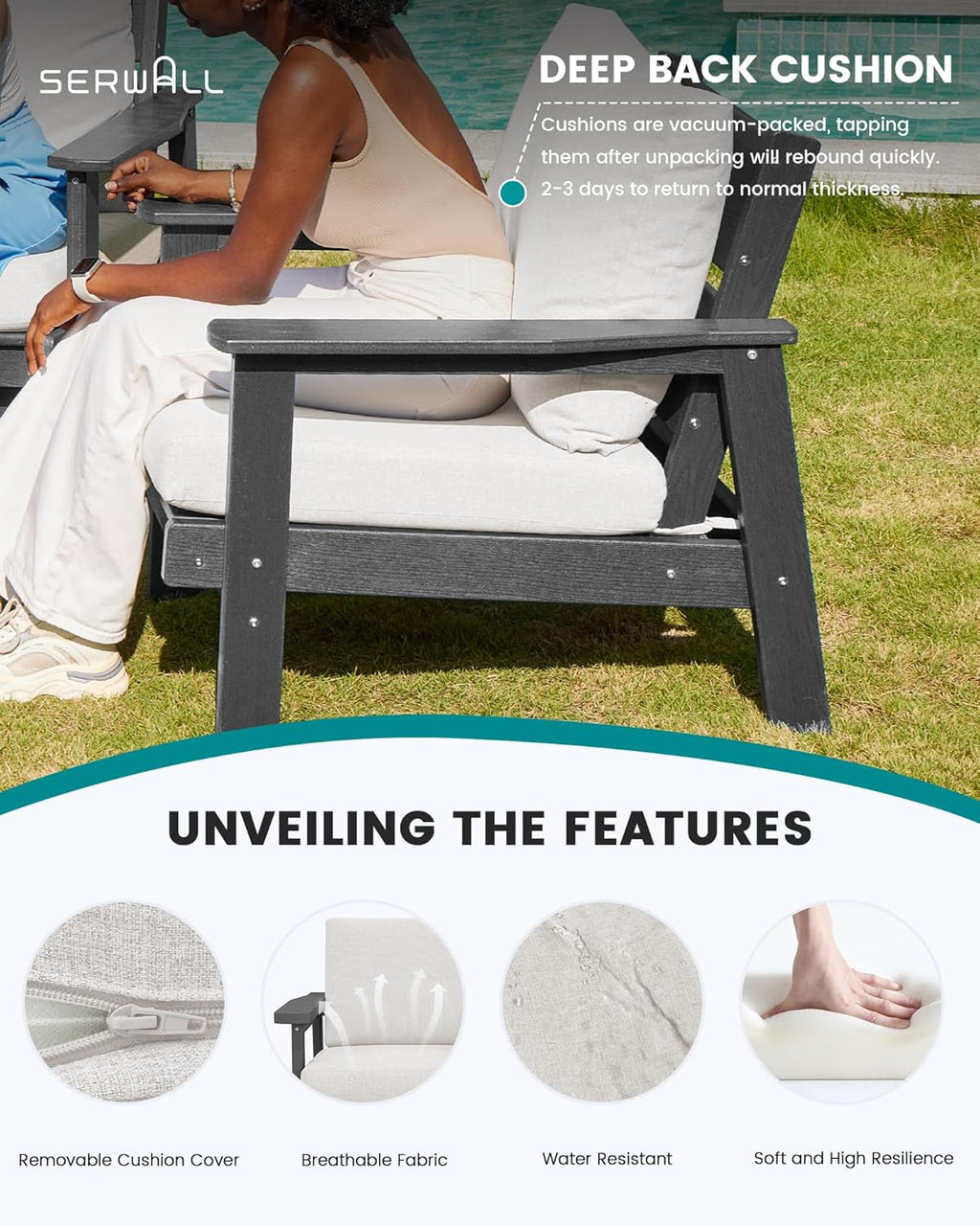SERWALL HDPE Outdoor Couch, Grey Frame and Khaki Cushion