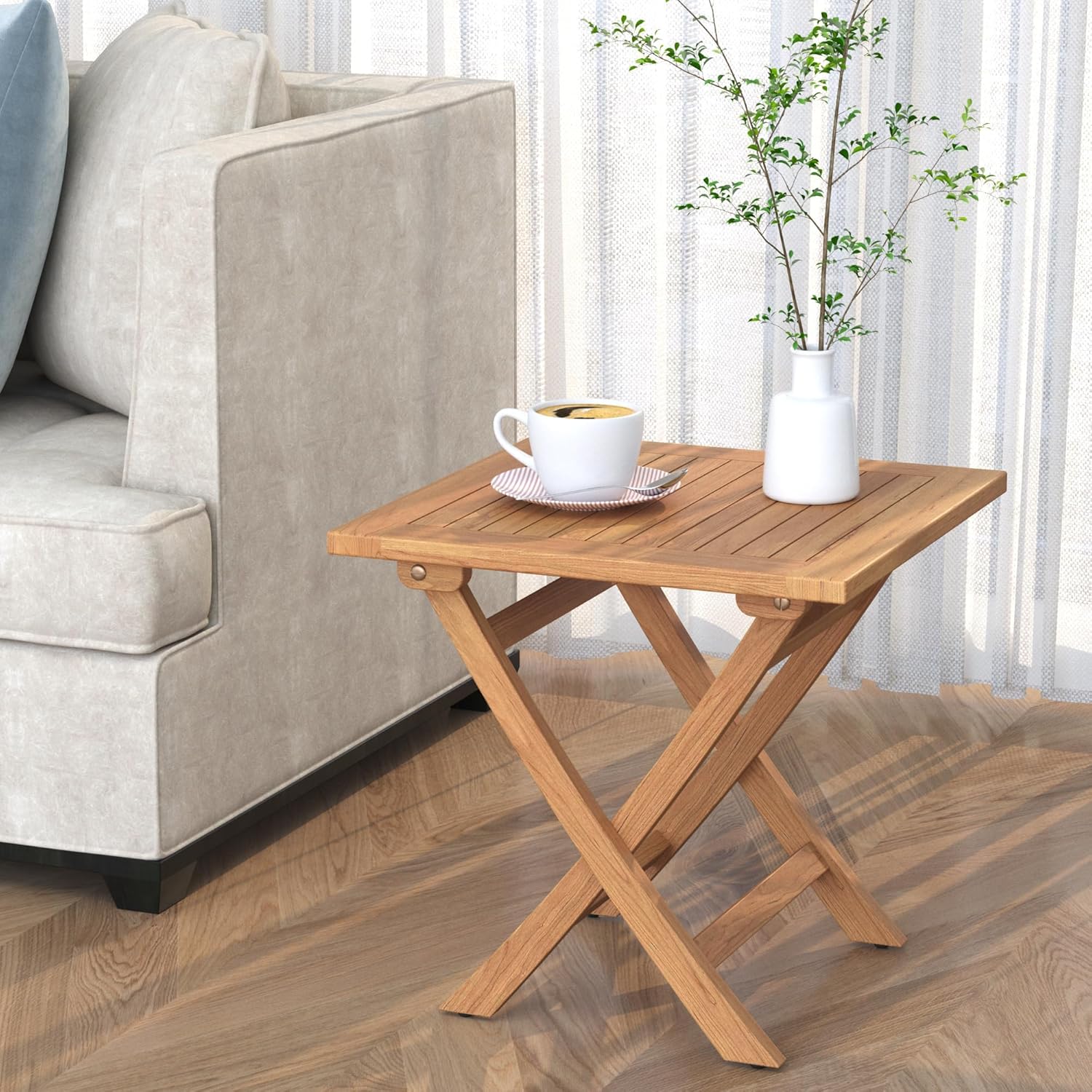 Teak Wood Square Patio Side Table, Outdoor Side Table Waterproof Natural Wood, Sturdy Portable Bistro Table for Camping Deck Poolside