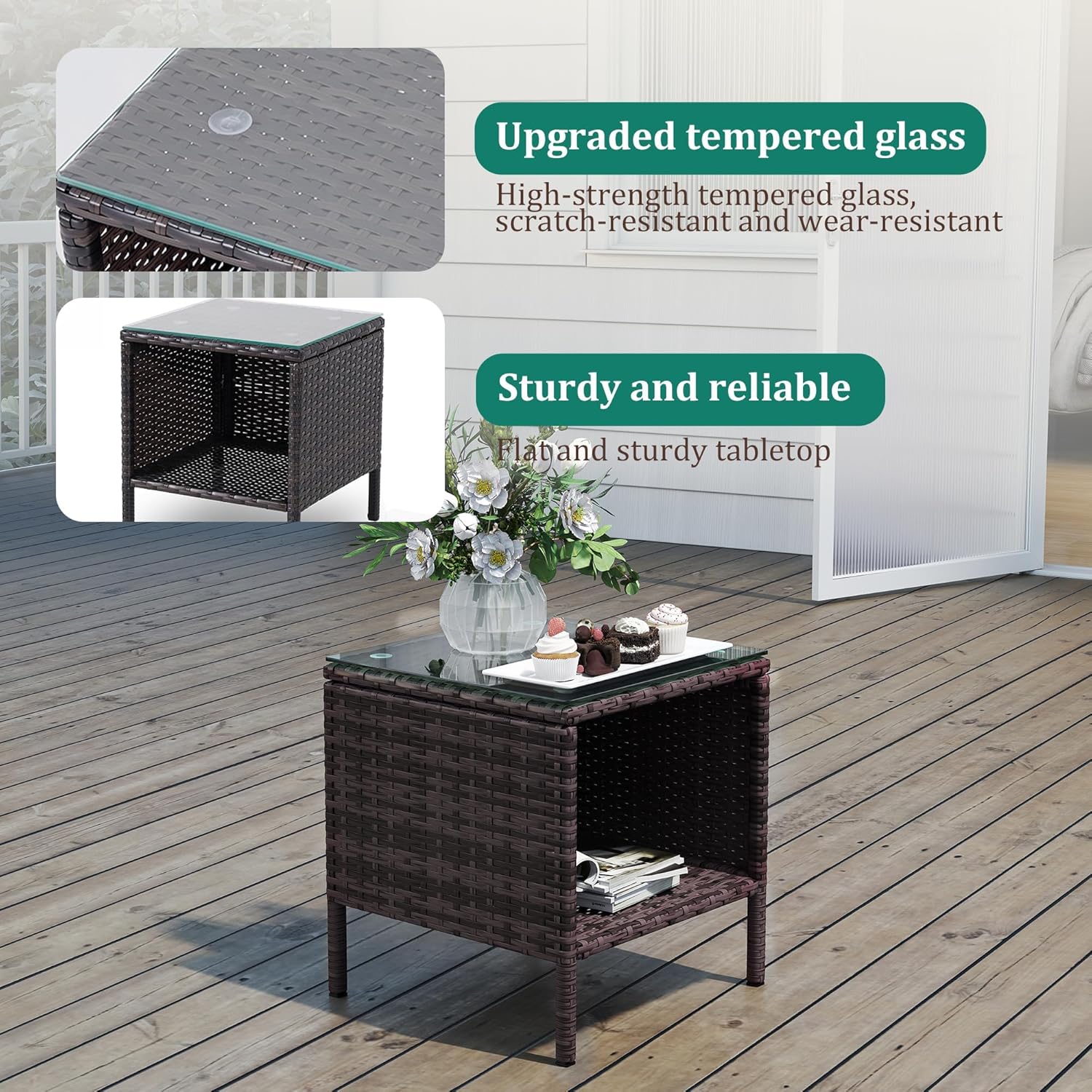 3 Piece Patio Furniture Set - Outdoor Conversation Sets with Coffee Table, Rattan Chair Set for Garden/Poolside, Brown/Navy Blue