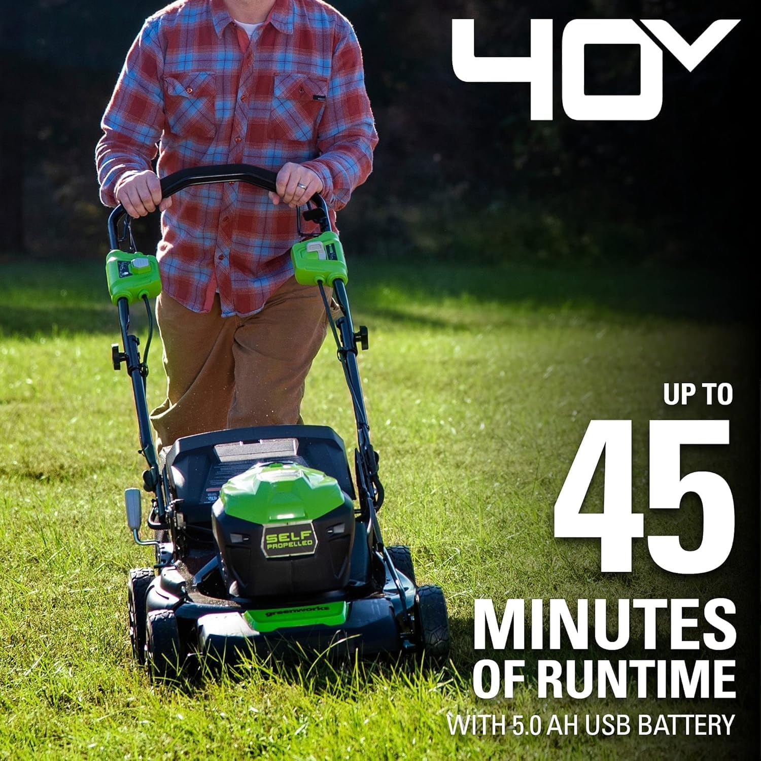 Greenworks 40V 21" Self-Propelled Lawn Mower,Axial Leaf Blower(500 CFM / 120 MPH),13" String Trimmer, 160 PSI Portable Tire Inflator, Includes 2 Batteries(5Ah+2Ah) & Chargers