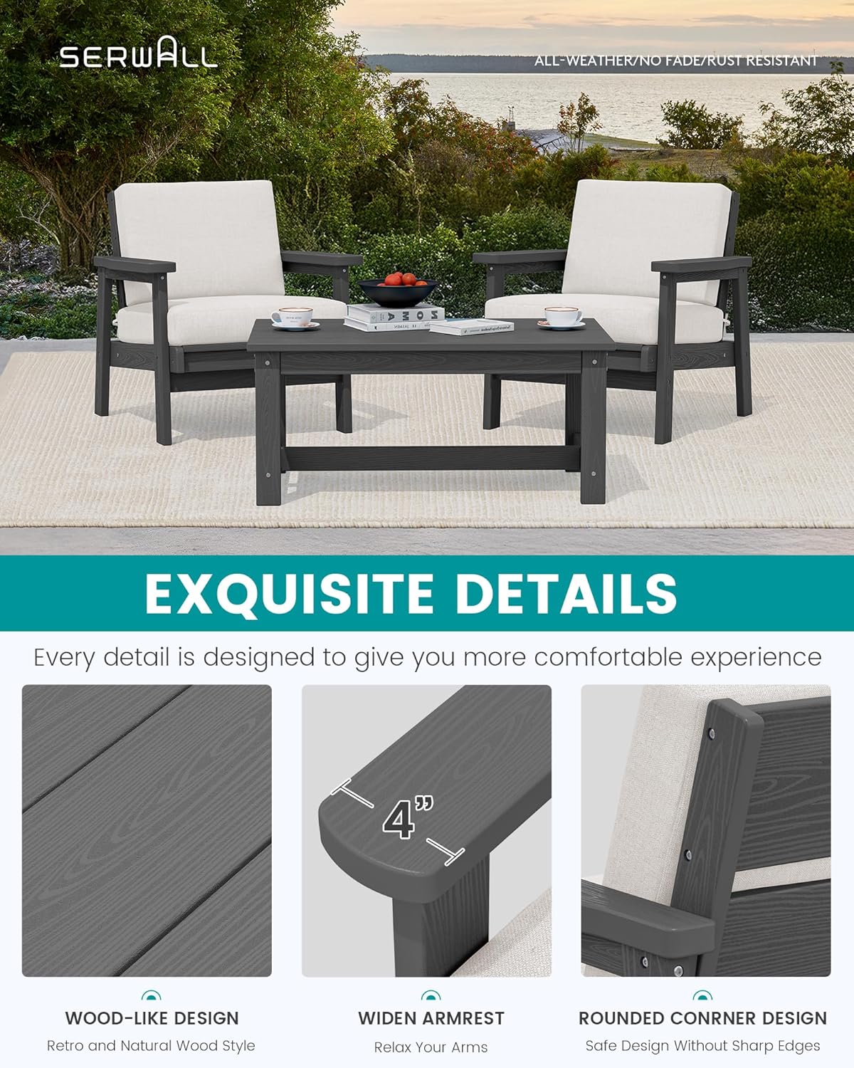 SERWALL HDPE Outdoor Couch Set of 2, All-Weather Wood-Like Outdoor Patio Furniture Set, Outdoor Sofa Chairs with Khaki Cushions