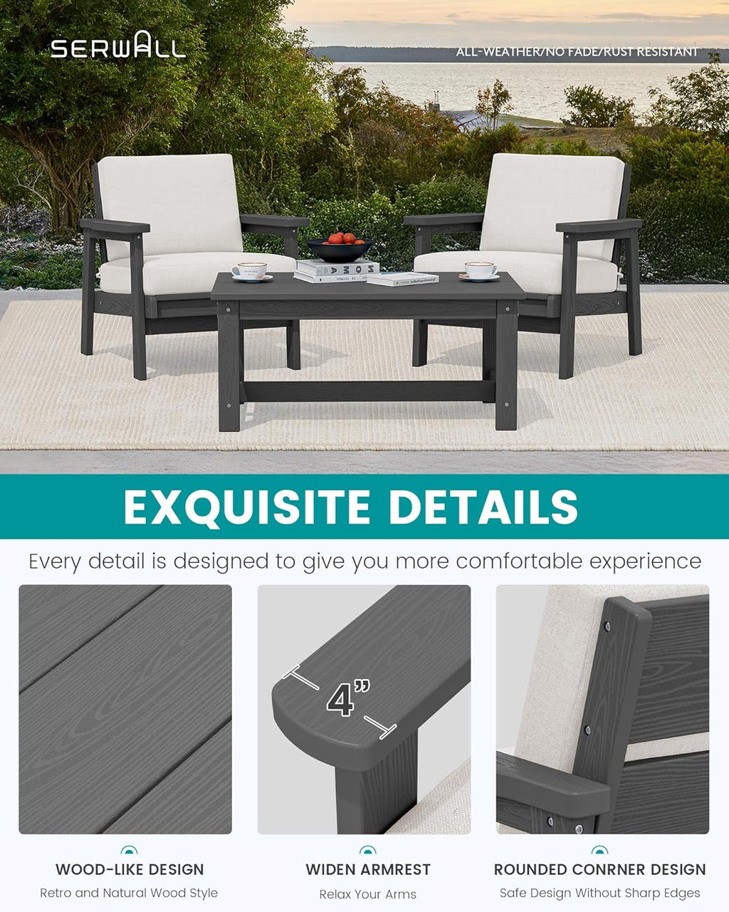 SERWALL HDPE Outdoor Couch, Grey Frame and Khaki Cushion
