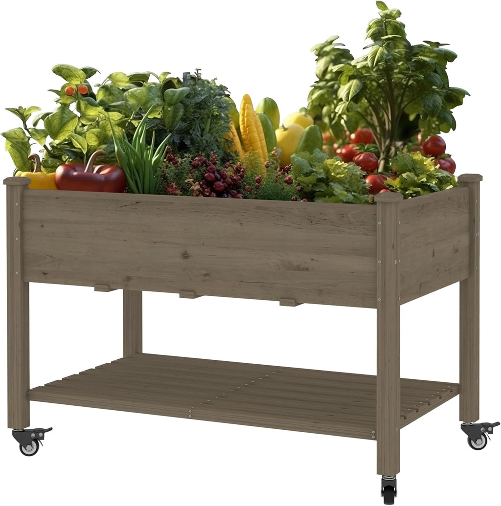 MUPATER 4x2FT Raised Garden Bed, Planter Box with Four Wheels and Legs for Herbs, Flowers and Vegetables, Elevated Garden Bed with Drainage Holes for Greenhouse, Garden, Farm, Brown