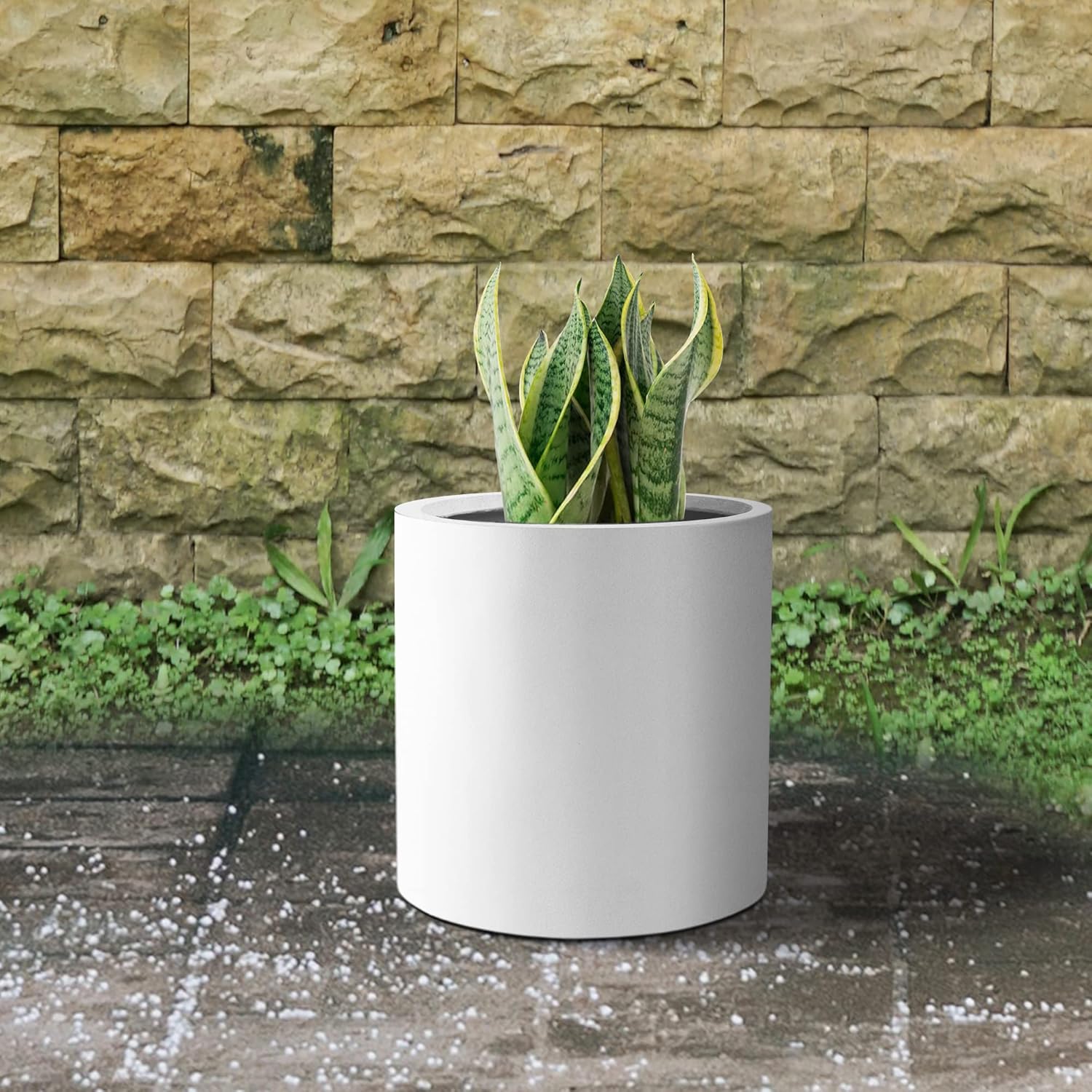 Kante 9.8" Dia Round Concrete Planter, Modern Style Large Cylindrical Plant Pot with Drainage Hole and Rubber Plug for Indoor Outdoor Patio, Pure White