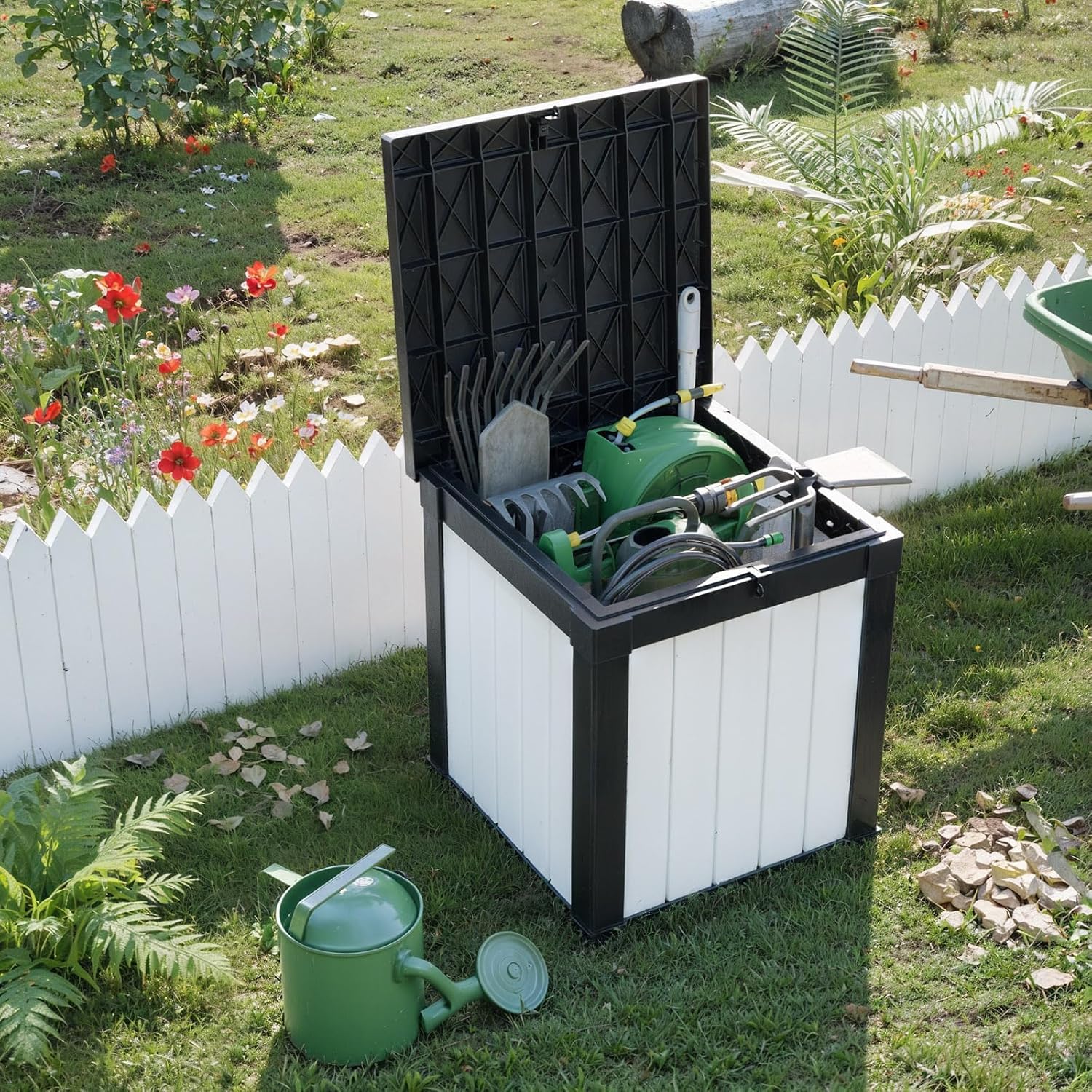 50 Gallon Outdoor Deck Box,Storage Lockable Waterproof Patio Furniture,Garden Tools,Cushions,Pool Accessories Outside Storage Resin Box(SM Black&White)