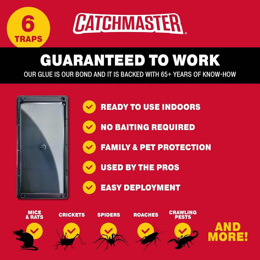 Catchmaster Rat, Snake and Mouse Traps 6Pk, Large Bulk Glue Rat Traps for Home, Adhesive Plastic Tray for Inside House, Snake, Mice, & Spider Catcher, Pest Control for House & Garage