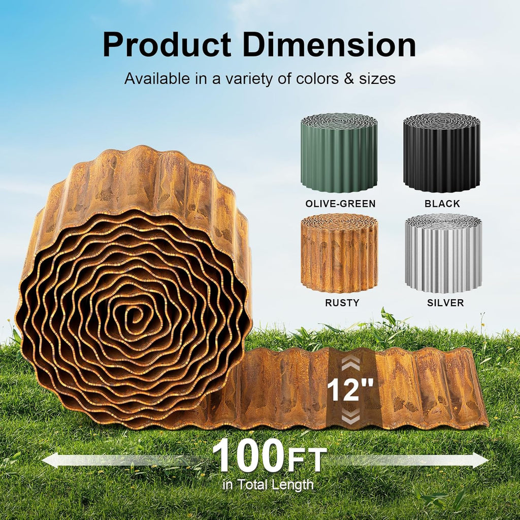Land Guard Corrugated Garden Edging Border, 12" × 100' Landscape Paver Edging, Tall Landscape Edging, Fence for Garden, Flower Bed, Lawn and Landscape Edging (Rusty)