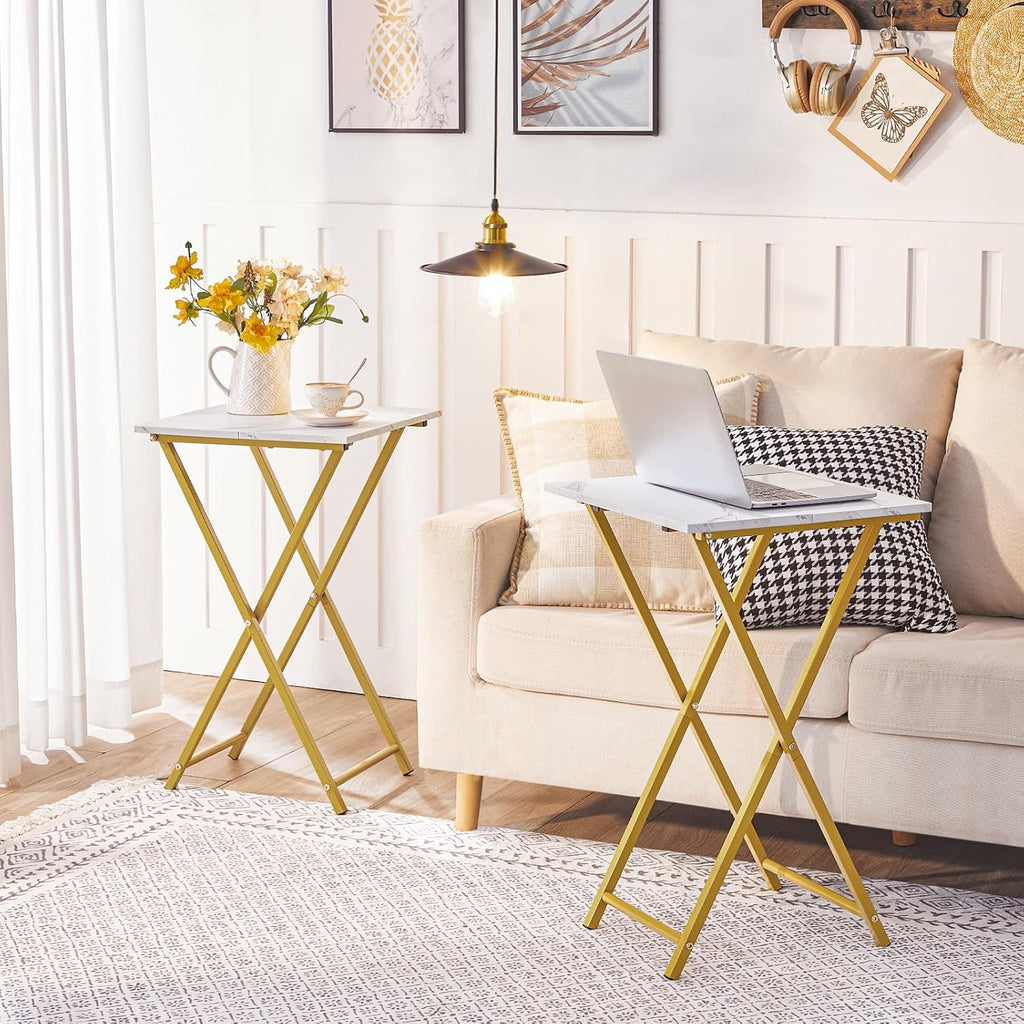 HOOBRO Folding TV Tray Tables, Set of 2 Wooden TV Tray, Portable Sofa Side Table, Industrial Snack Table End Table for Small Spaces, Space-Saving, Easy to Install and Fold, Marble and Gold DM27BZP201
