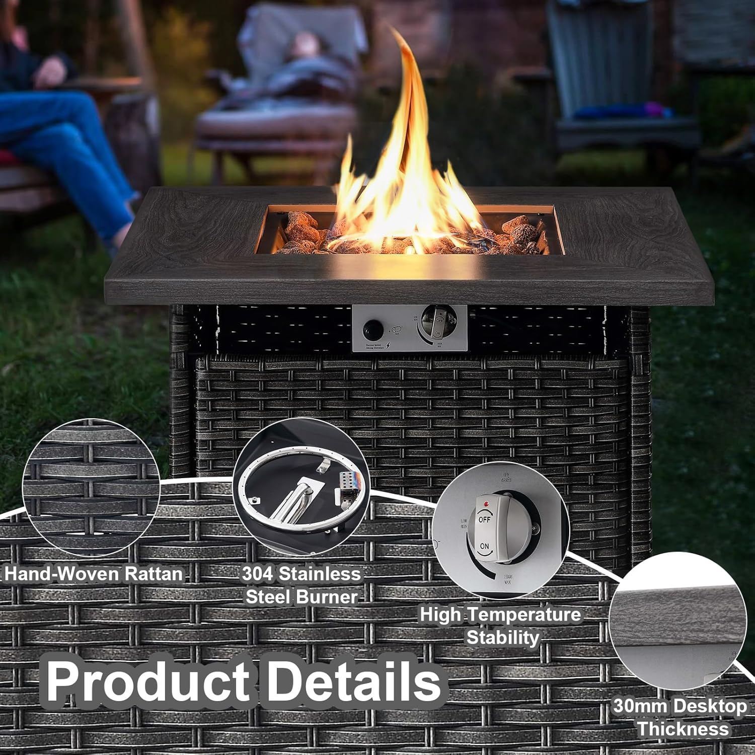 HUMMUH 5 Piece Patio Furniture Set,Wicker Swivel Rocker Patio Chairs Set of 4 with 30'' Fire Pit Table Outdoor Furniture Set for Porch,Garden,Backyard