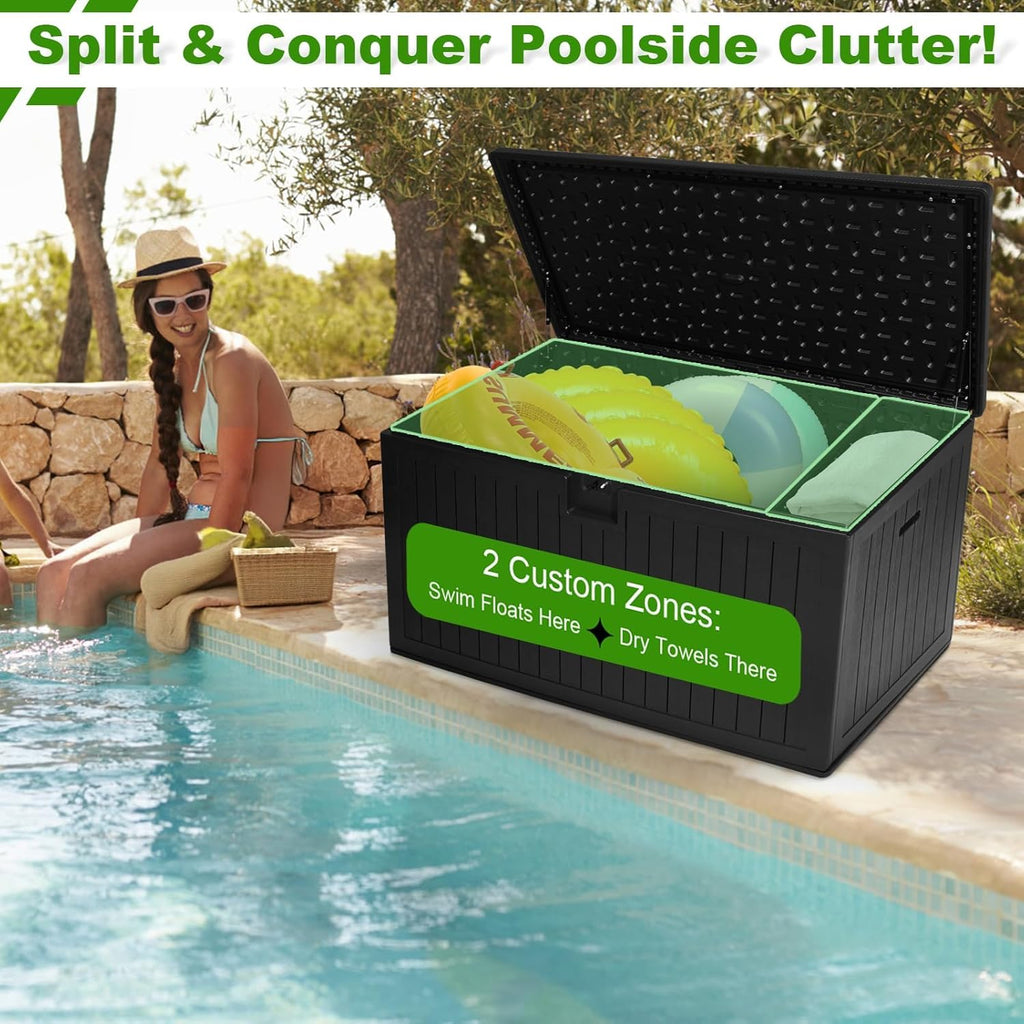 320 Gallon Outdoor Storage Box Waterproof, Extra Large Plastic Outside Deck Box Weatherproof, Resin Outdoor Cushion Storage Container with Lock and Lids for Cushion and Pool Equipment, Black