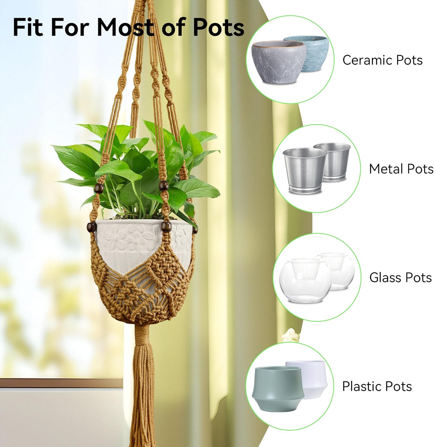 USLAI Macrame Handmade Basket Plant Hanger (2-Pack), for 3-8 Inch Pots, Indoor Outdoor Strong Hanging Planter Flower Pot Holder with Beads and Tassels, Boho Home Decor (POTS NOT Included) (Brown)