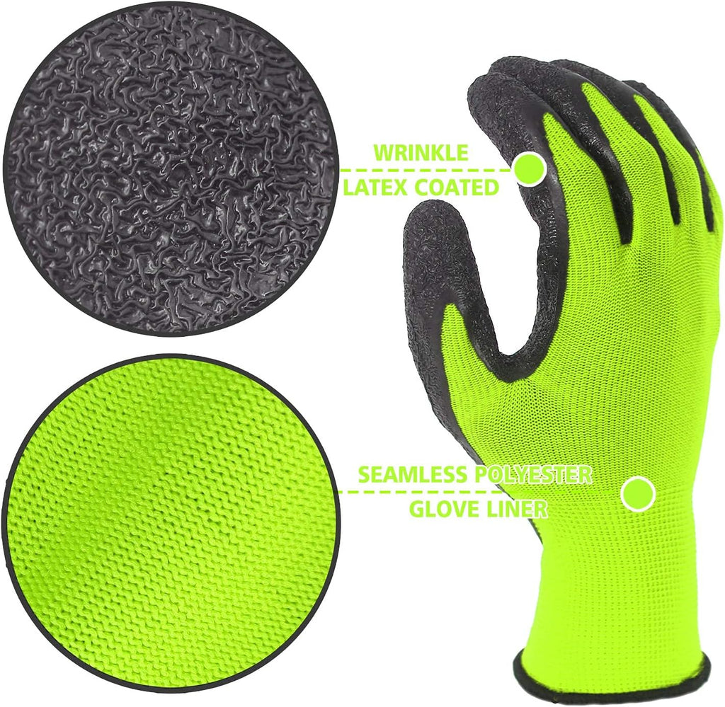 Evridwear Crinkle Latex Rubber Hand Coated Safety Work Gloves for Men Women General Multi Use Construction Warehouse Gardening Assembly Landscaping (L-Size) Lime 120 Pairs Pack