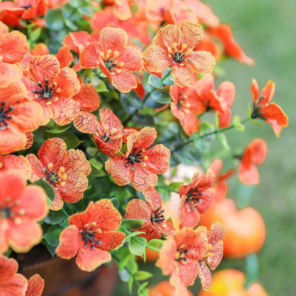 Artificial Fall Flowers Faux Mums for Outdoor Indoor Garden Home Decoration, Faux Flower Daisy with Eucalyptus Leaves Fake Mums Plants Greenery Boxwood Porch Patio, 12 Bundles (Orange)