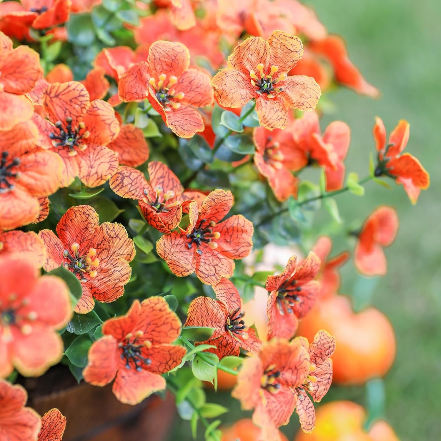 Artificial Fall Flowers Faux Mums for Outdoor Indoor Garden Home Decoration, Faux Flower Daisy with Eucalyptus Leaves Fake Mums Plants Greenery Boxwood Porch Patio, 12 Bundles (Orange)