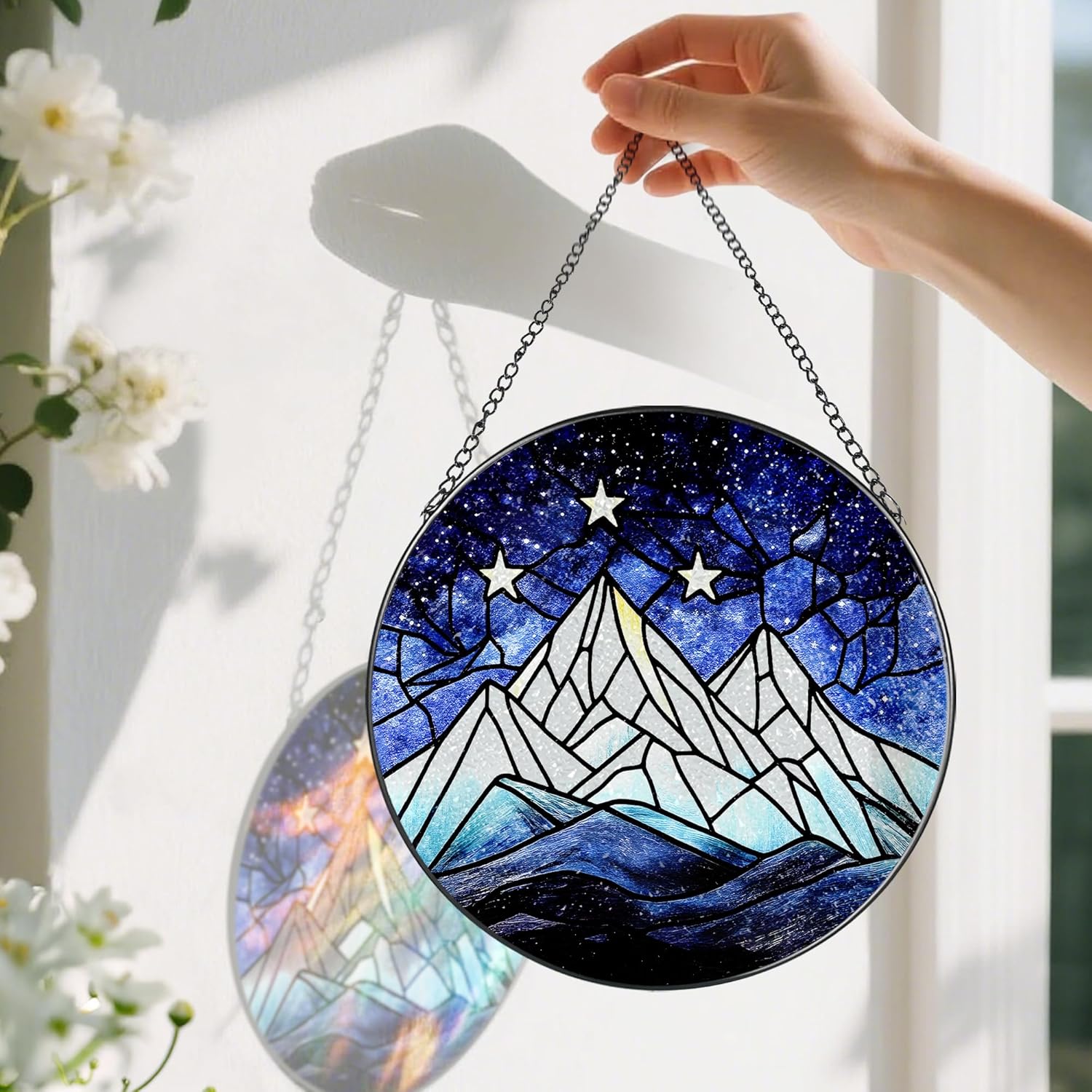 Stained Glass Window Hanging, Pauyadu 8 Inch Stained Glass Suncatcher Ornament, Night Court Window Decor, Suncatchers for Windows Hanging, Nature Lovers Gifts, Gifts for Friend, Lover