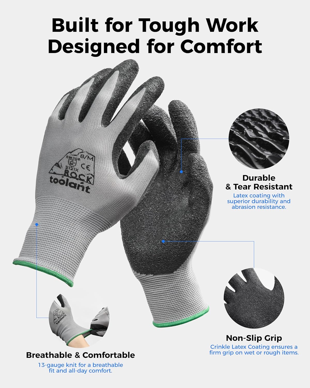 toolant Crinkle Latex Work Gloves Bulk, Rubber Coated Safety Work Gloves for Men and Women, 12 Pairs for Construction, Gardening, Warehouse (Black, Medium)